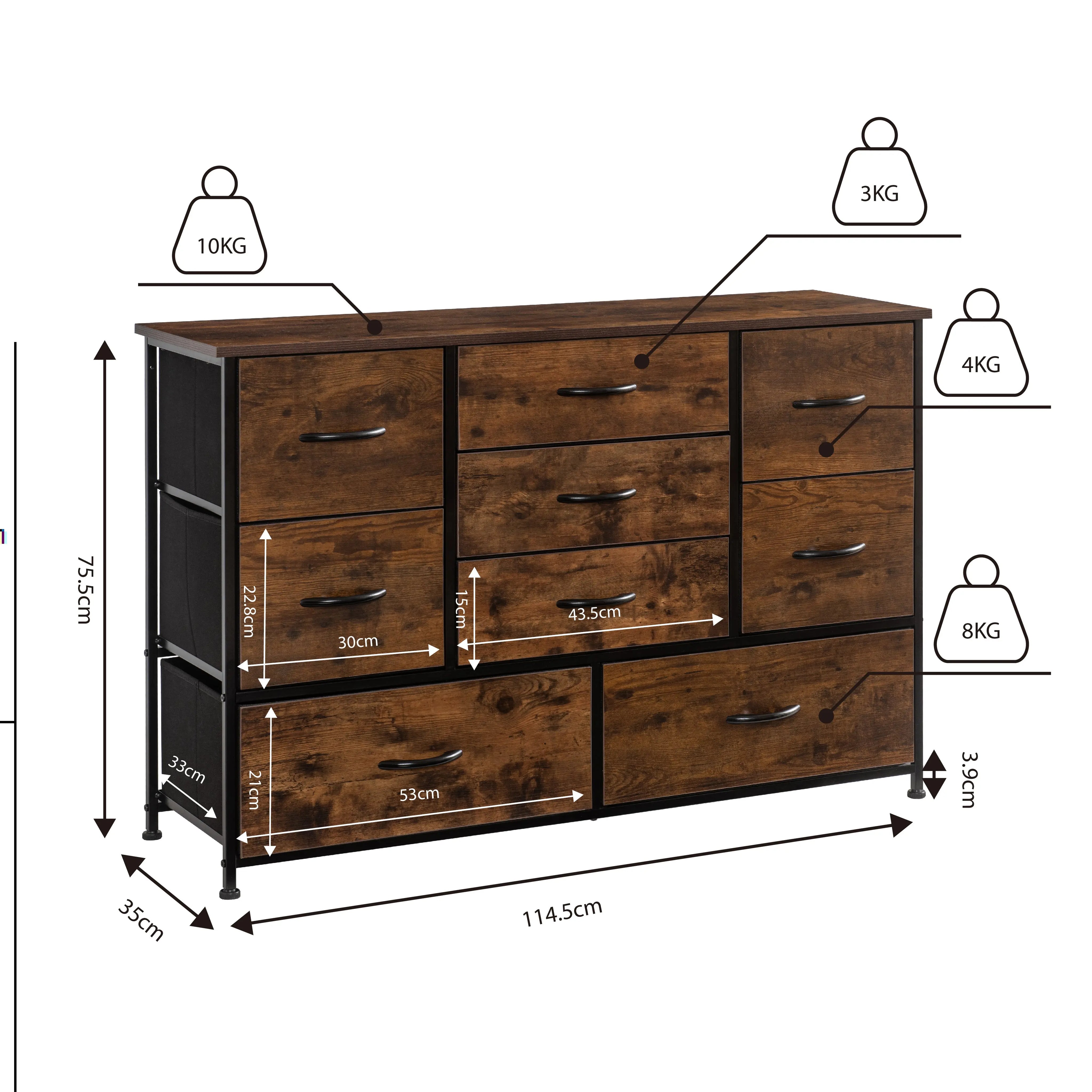 Cómoda Ancha de 9 Cajones Atigrada para Almacenamiento en Hogar y Oficina, con Estructura de Metal, Tabla de MDF y Cajones de Tela No Tejida con Cubiertas de MDF MU:4LIFE