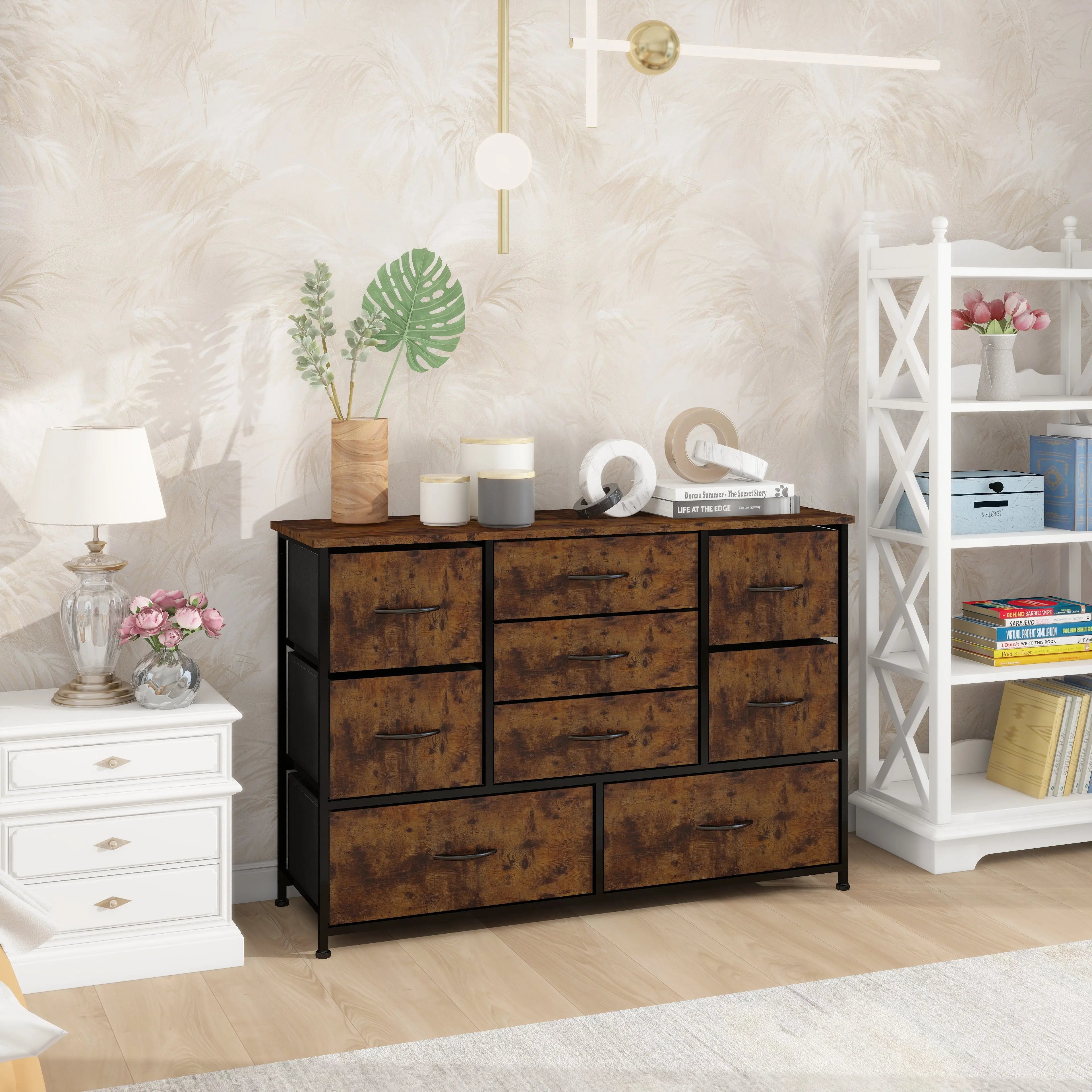 Cómoda Ancha de 9 Cajones Atigrada para Almacenamiento en Hogar y Oficina, con Estructura de Metal, Tabla de MDF y Cajones de Tela No Tejida con Cubiertas de MDF MU:4LIFE