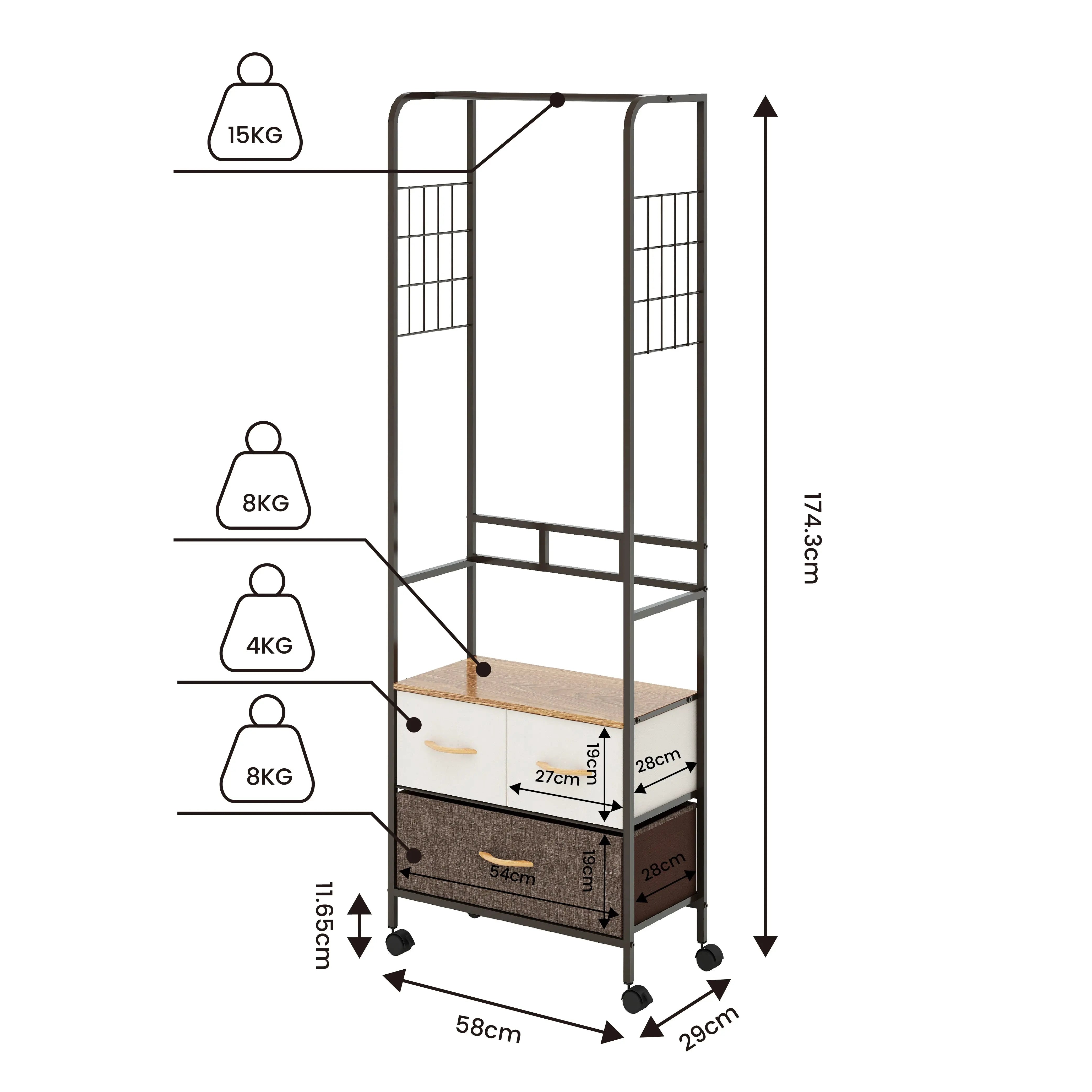 Cómoda Organizador con 3 Cajones, Con Perchero y Ruedas, Estructura de Metal y Cajones de Tela en Lino y Poliéster MU:4LIFE