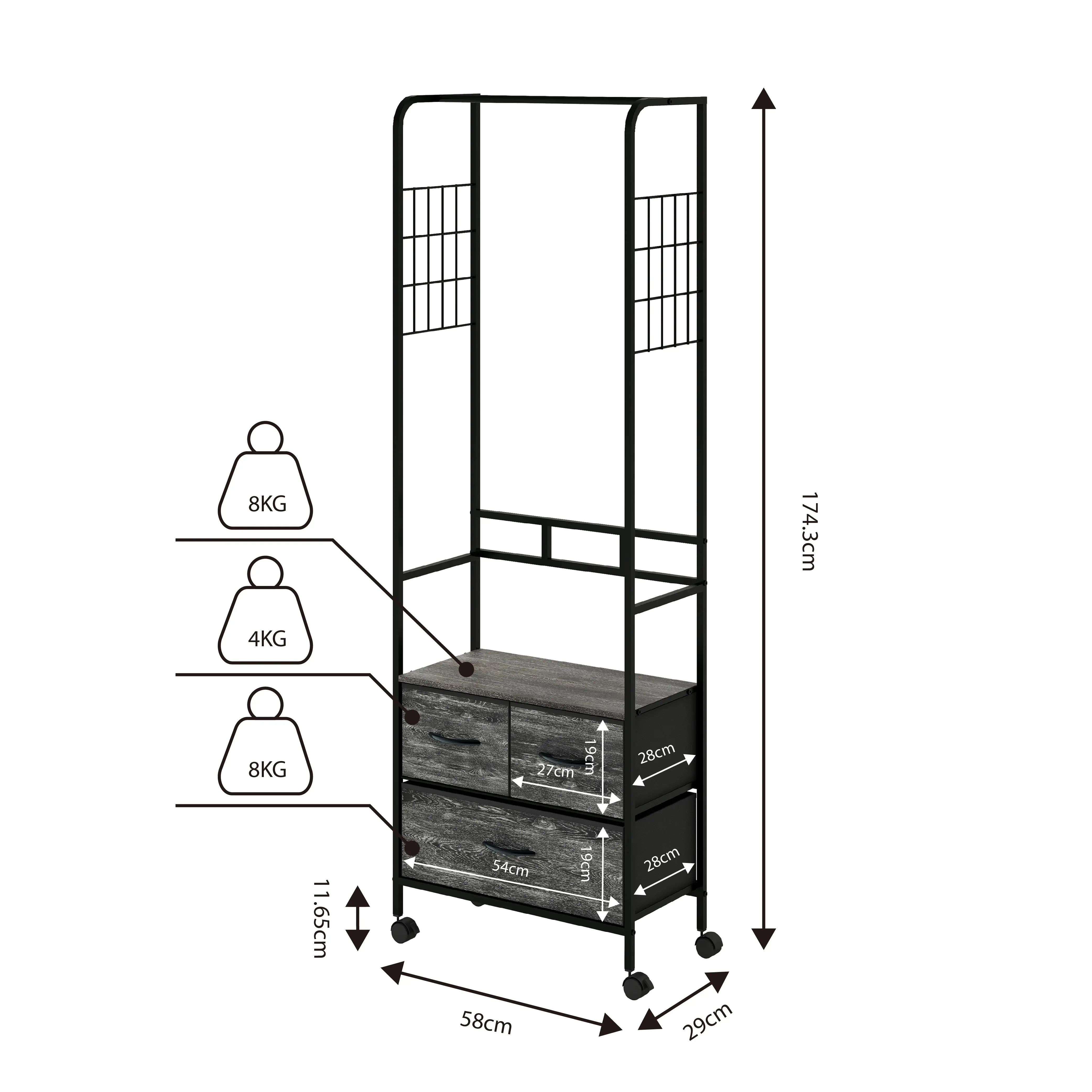 Cómoda Organizador con 3 Cajones, Con Perchero y Ruedas, Estructura de Metal y Cajones de Tela en Lino y Poliéster MU:4LIFE