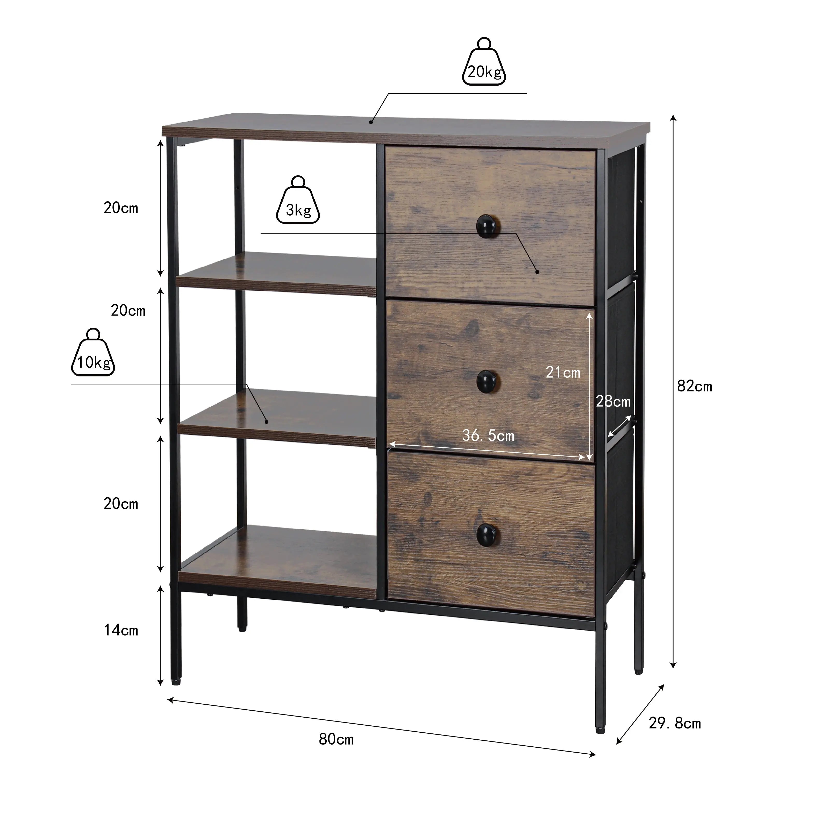 Organizador cajonera atigrado de 3 cajones y 3 estantes almacenamiento para hogar y oficina, organizador cajonera de estructura metal, tabla MDF y cajones de tela no tejida y cubiertas de MDF MU:4LIFE