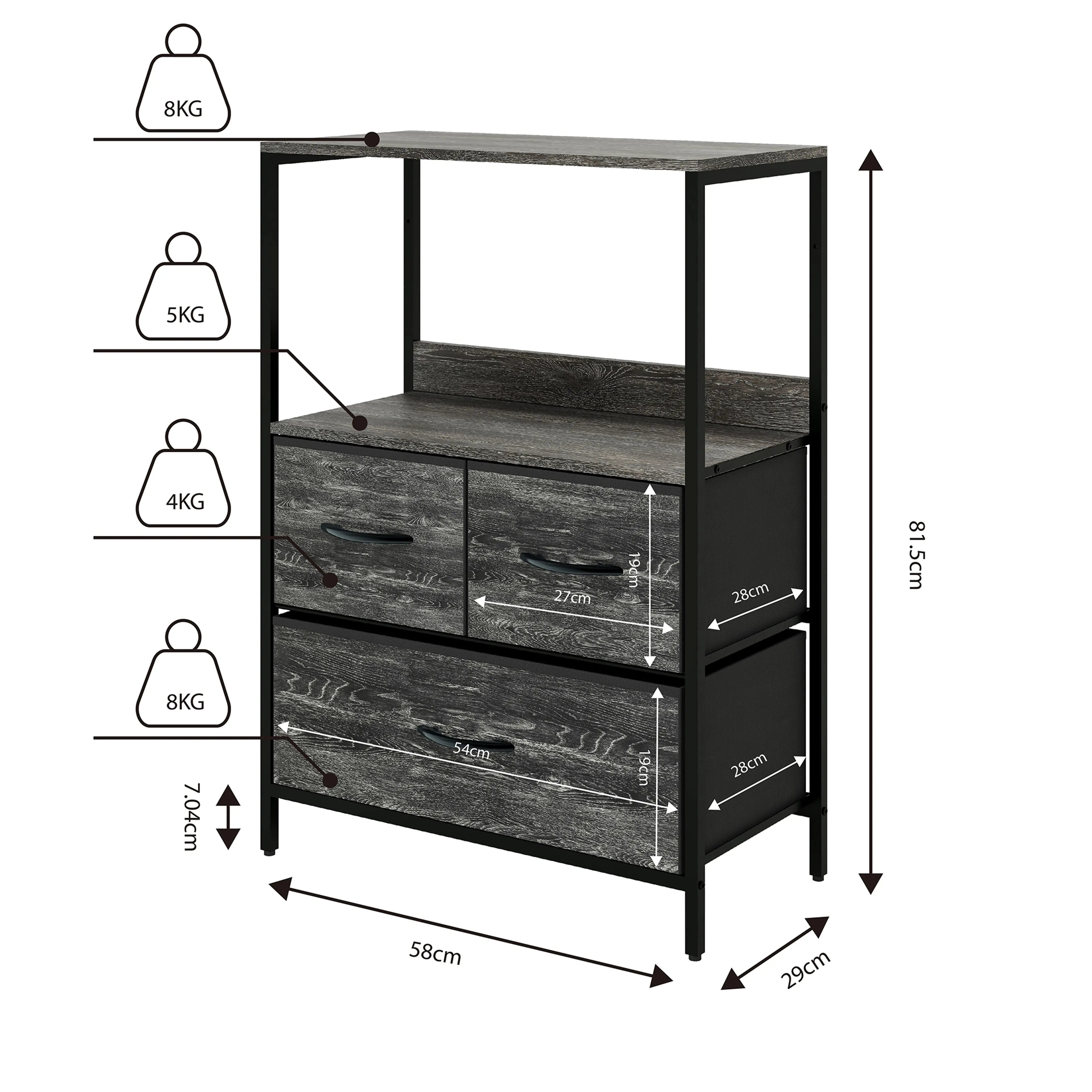 Cómoda de 3 Cajones con Balda y Estante para Almacenamiento en Hogar y Oficina, Estructura de Metal y Cajones de Tela en Lino y Poliéster MU:4LIFE