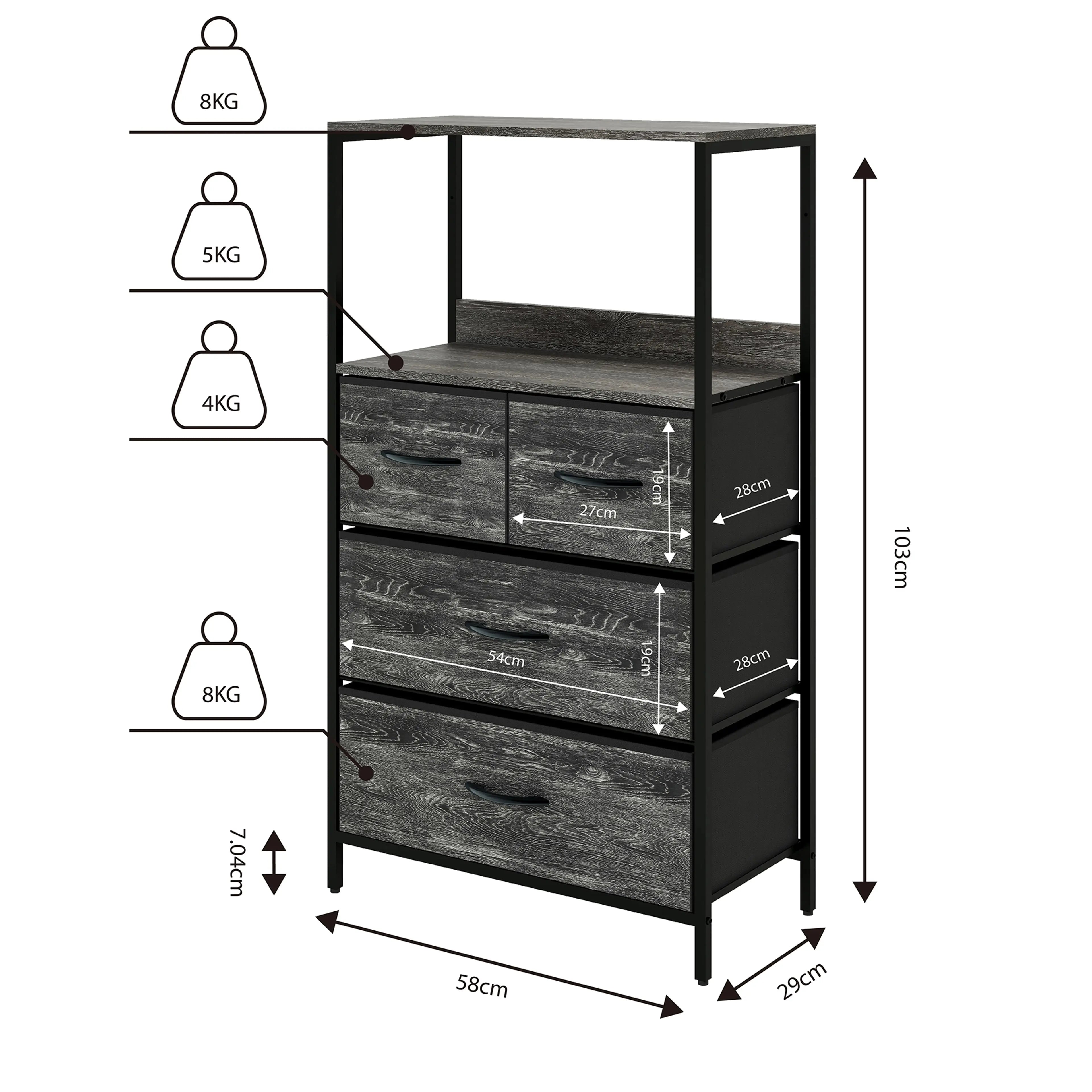 Cómoda de 4 Cajones con Balda y Estante para Almacenamiento en Hogar y Oficina, Estructura de Metal y Cajones de Tela en Lino y Poliéster MU:4LIFE