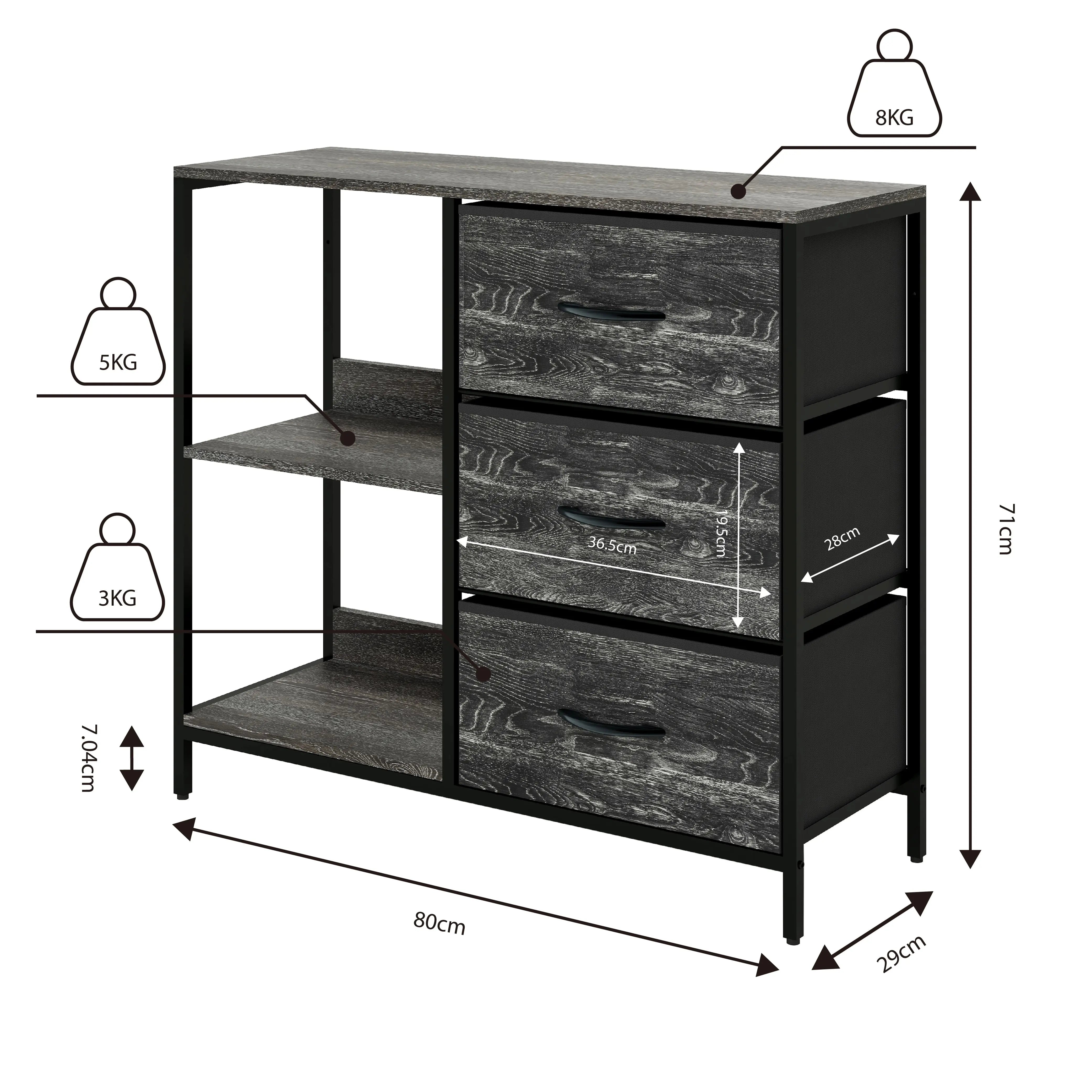 Organizador Cajonera con 3 Cajones y 3 Estantes para Almacenamiento en Hogar y Oficina, Estructura de Metal y Cajones de Tela en Lino y Poliéster MU:4LIFE