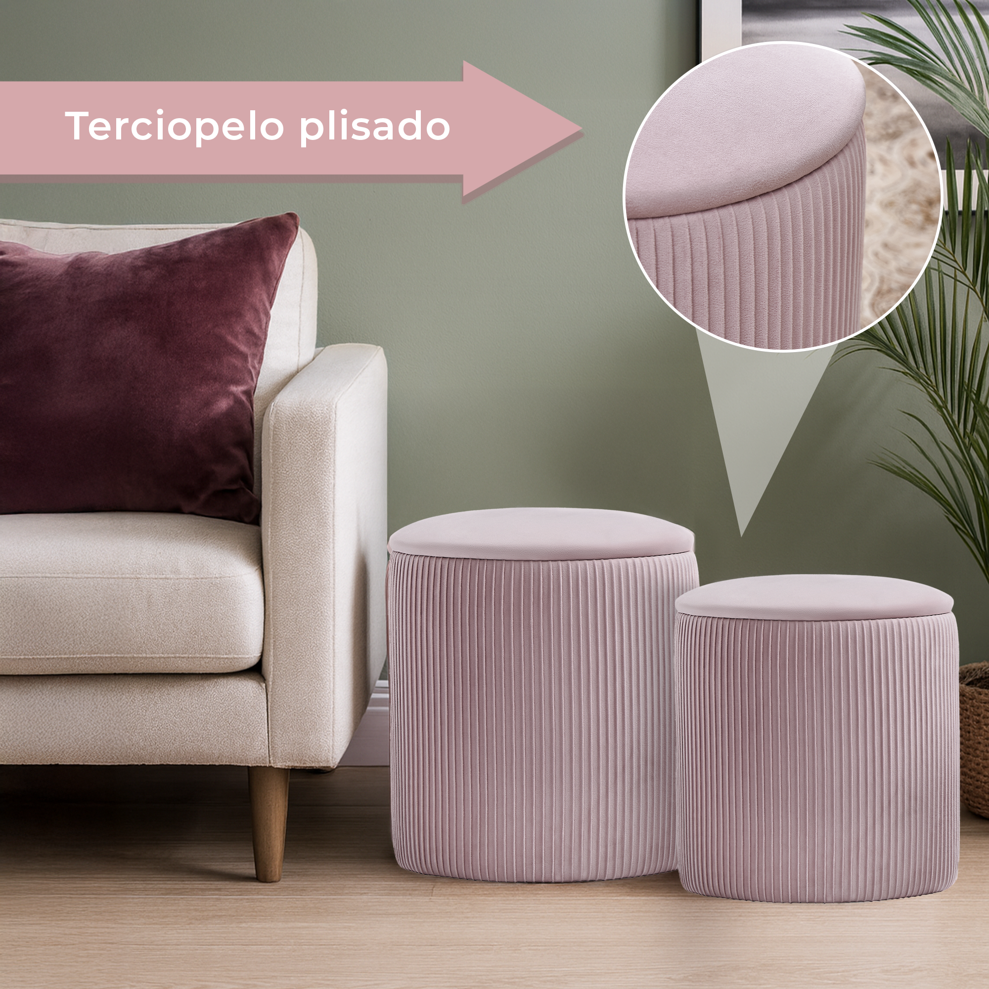 Set de 2 Taburetes Otomanos de Terciopelo con Almacenamiento, Banco Tapizado Decorativo