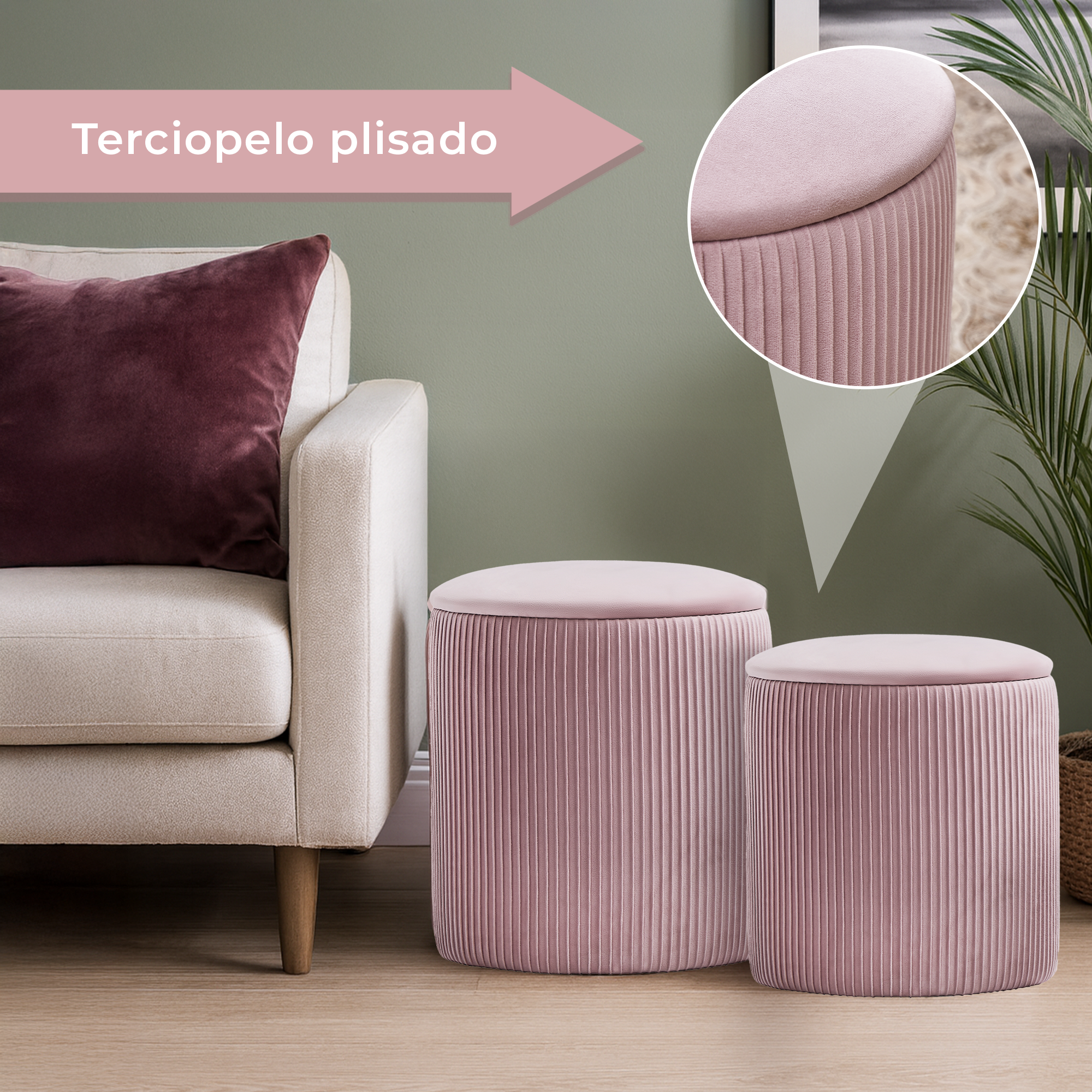 Set de 2 Taburetes Otomanos de Terciopelo con Almacenamiento, Banco Tapizado Decorativo