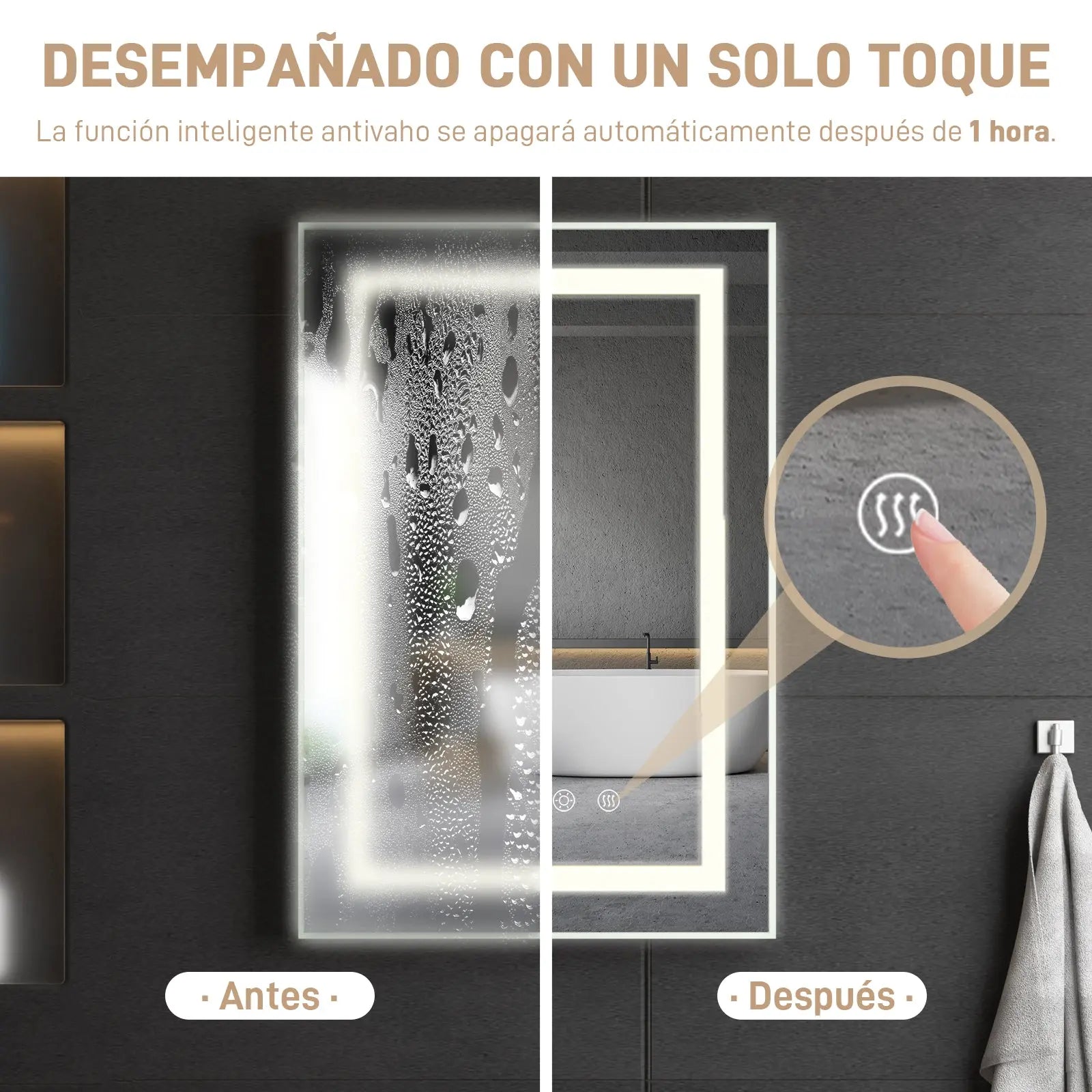 Maquillali Espejo LED De Vanidad para Baño Montado En La Pared, Estilo Rectangular, Led De 3 Colores En Iluminación con Ajustable En Brillo Y Antivaho (40x60 cm, Rectangular) MU:4LIFE MX