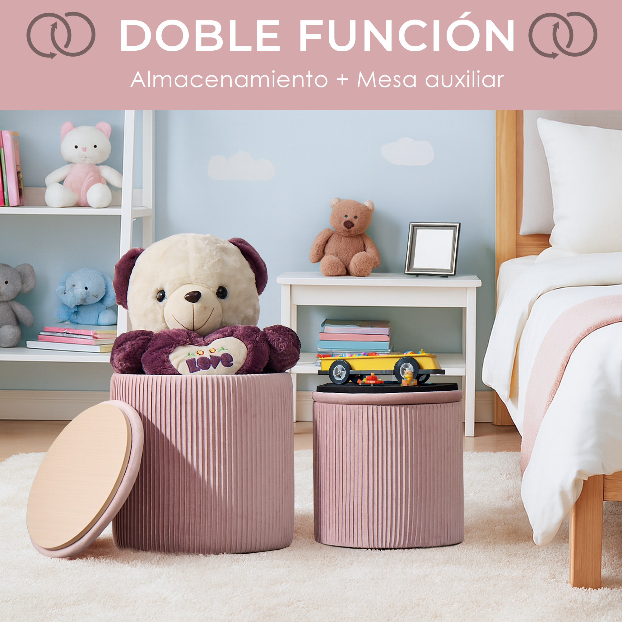 Set de 2 Taburetes Otomanos de Terciopelo con Almacenamiento, Banco Tapizado Decorativo