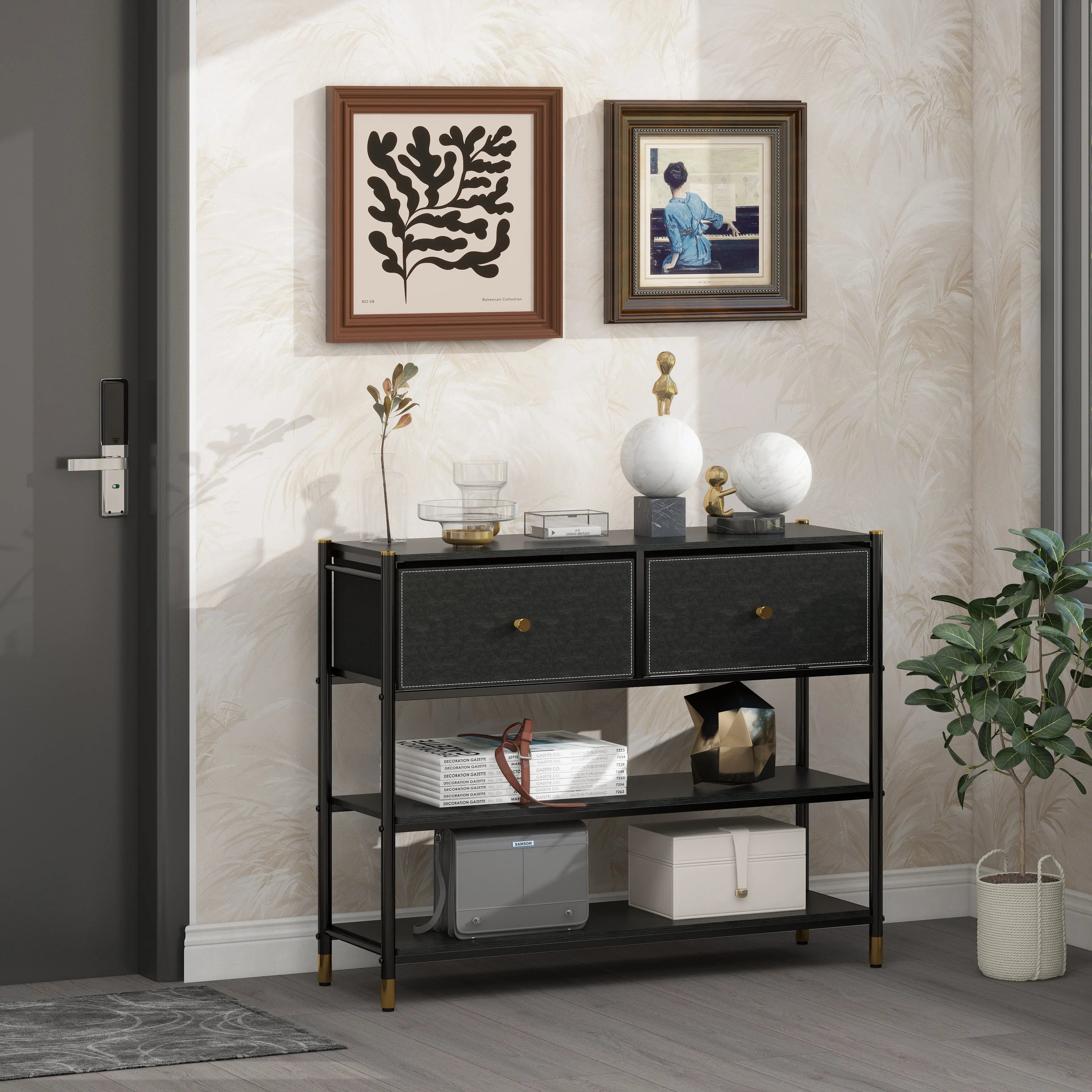 Credenza con 2 Cajones y 2 Estantes, para Almacenamiento en Hogar y Oficina, Estructura de Metal, MDF y Cajones de Tela No Tejida con Cubiertas de Cuero PU MU:4LIFE