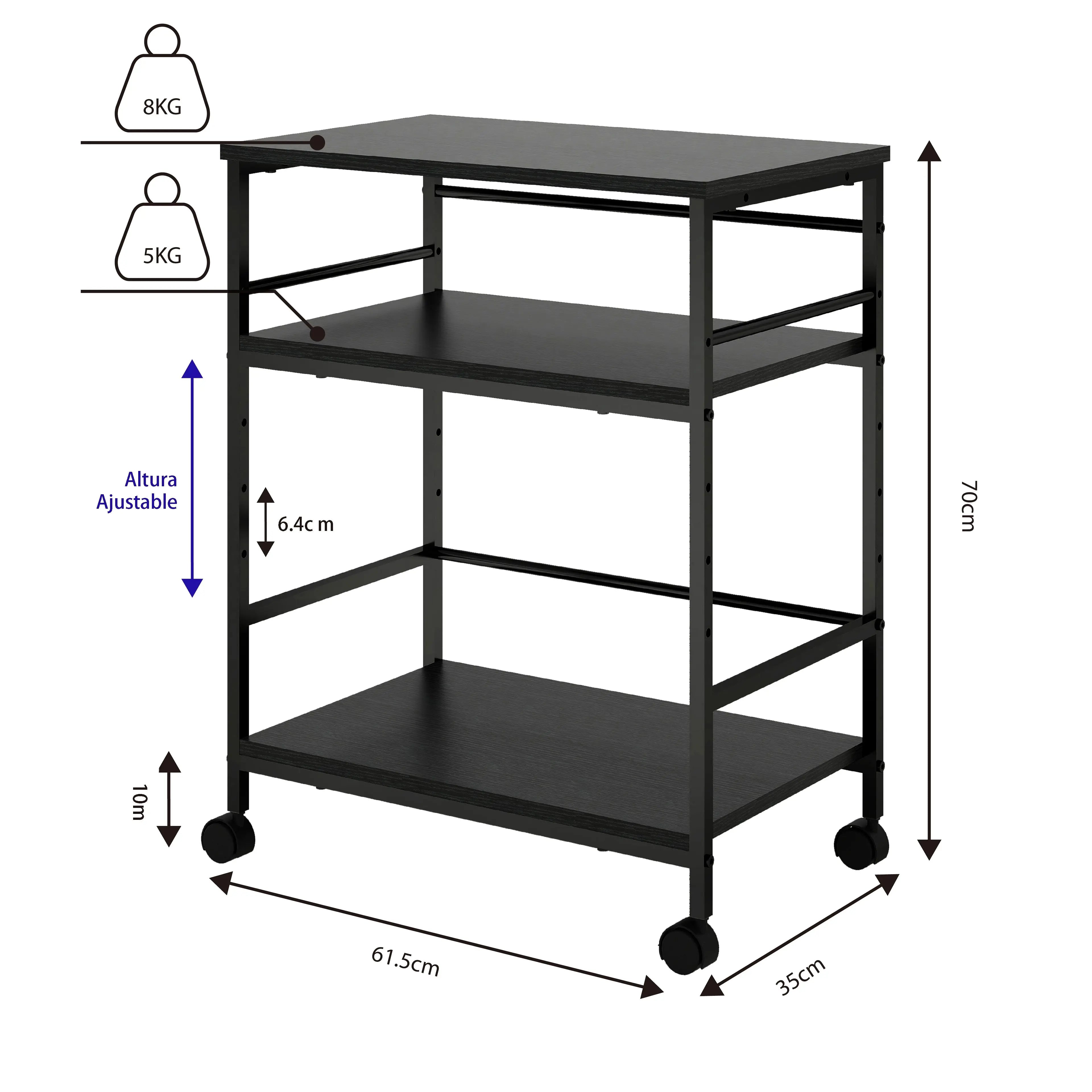 Carrito de servicio de 3 niveles con ruedas, asa y con estante de ajuste de altura para hogar y oficina MU:4LIFE