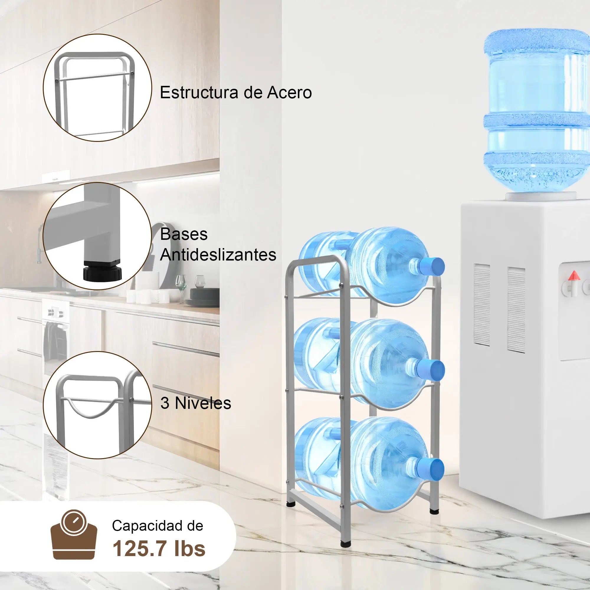 Estantería Soporte para Garrafones de Agua, Estante de 3 Niveles Resistente y Desmontable, Organizador de Acero Duradero para 3 Botellas MU:4LIFE