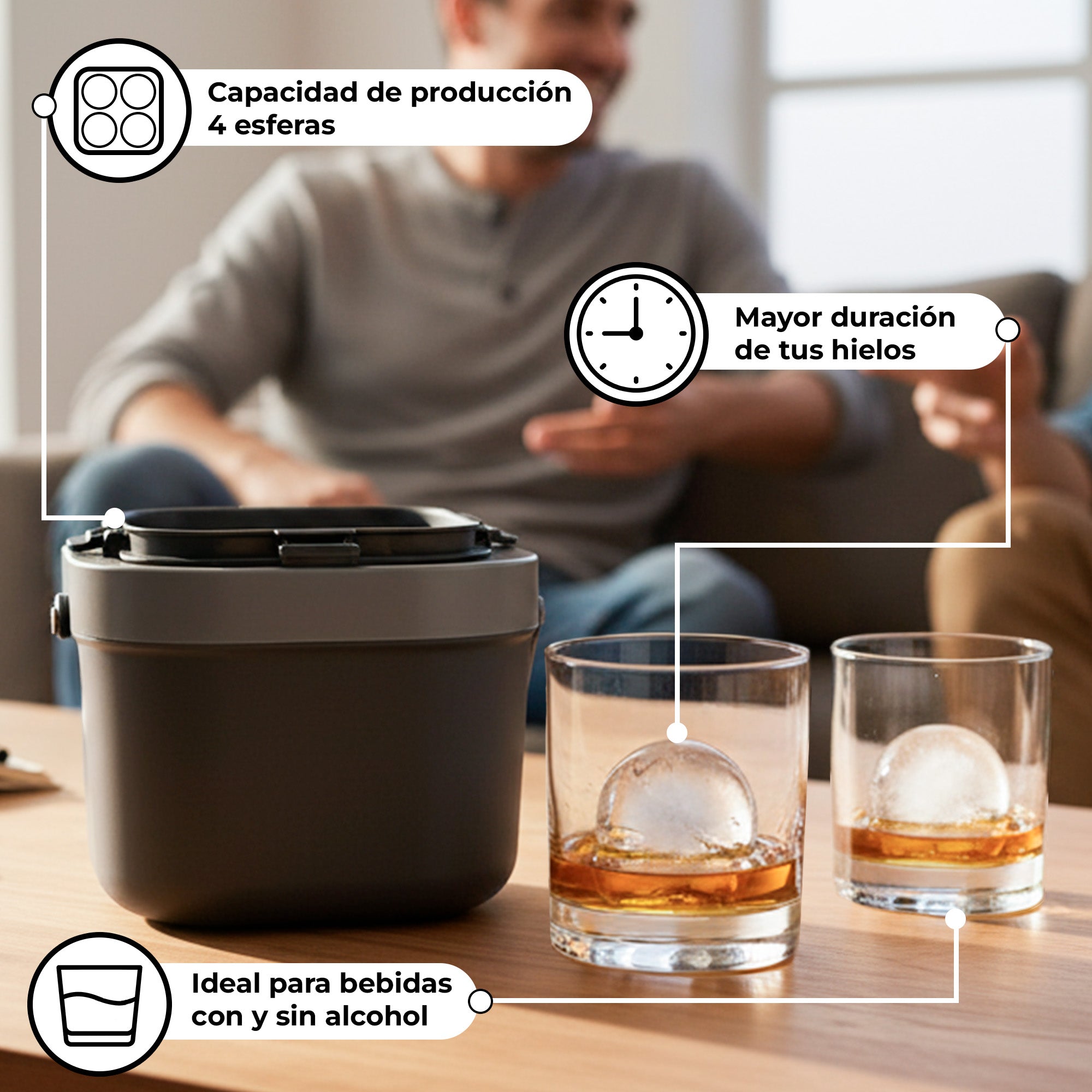 Molde Bandeja para Hielos Cristalinos de 4 bolas de 6cm, Ideal para Whisky, Cócteles y Bebida