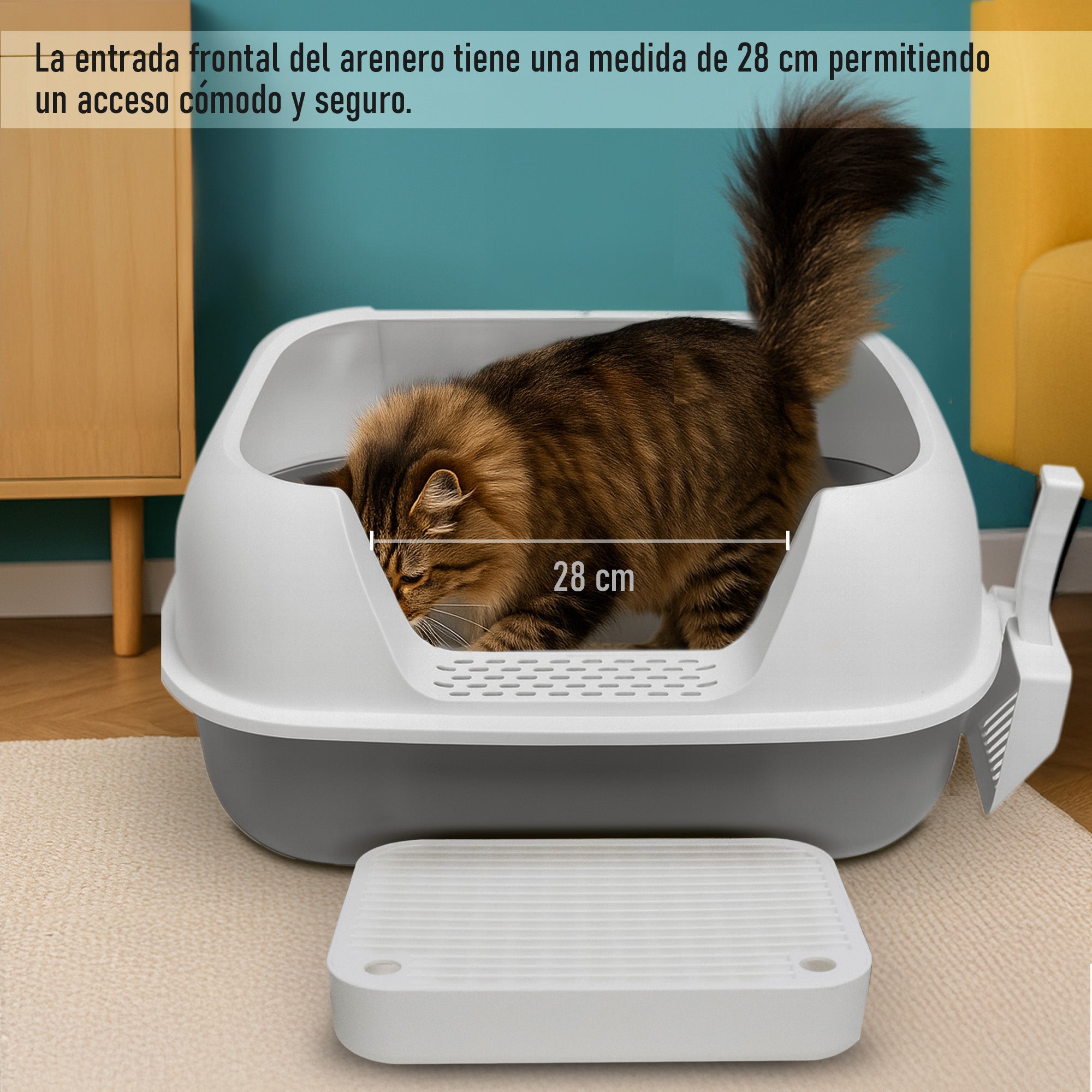 Arenero Horizontal Grande para Gato de Acero Inoxidable con Tapa Redondeada y Pala 60×40×30 cm