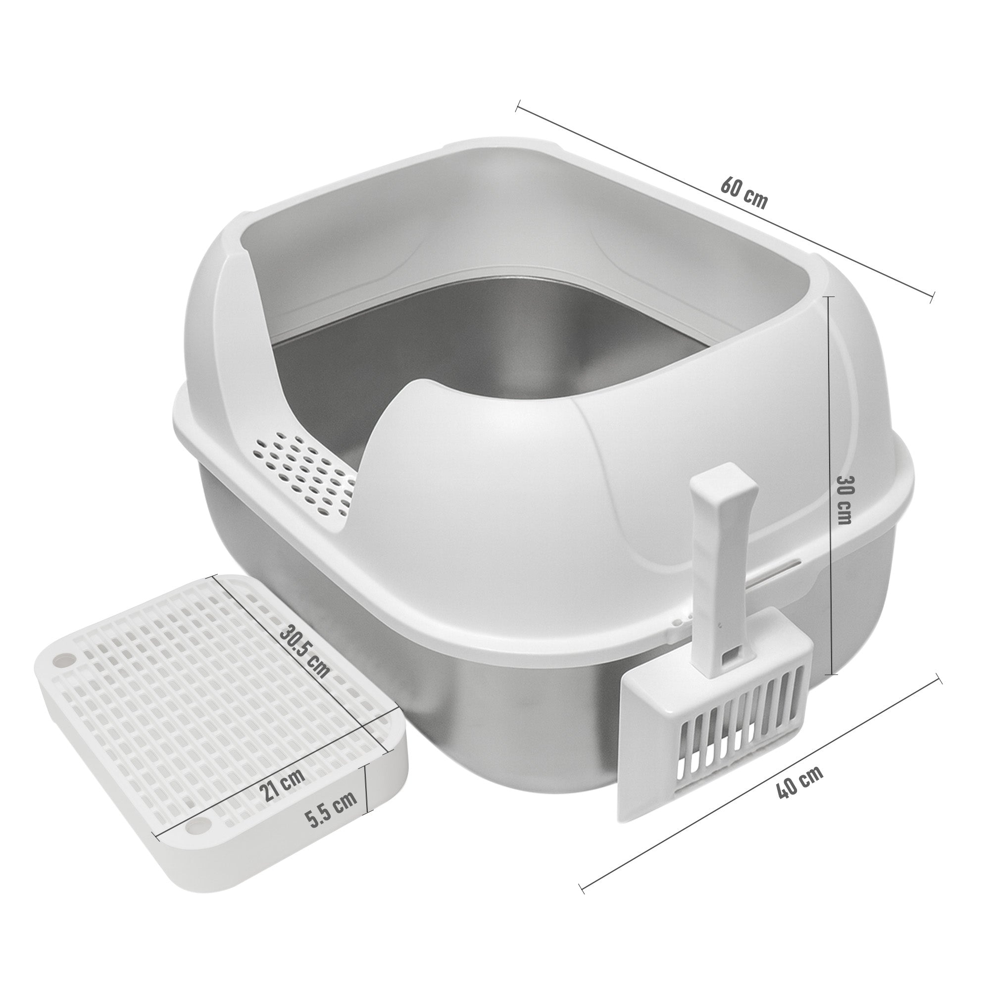 Arenero Horizontal Grande para Gato de Acero Inoxidable con Tapa Redondeada y Pala 60×40×30 cm