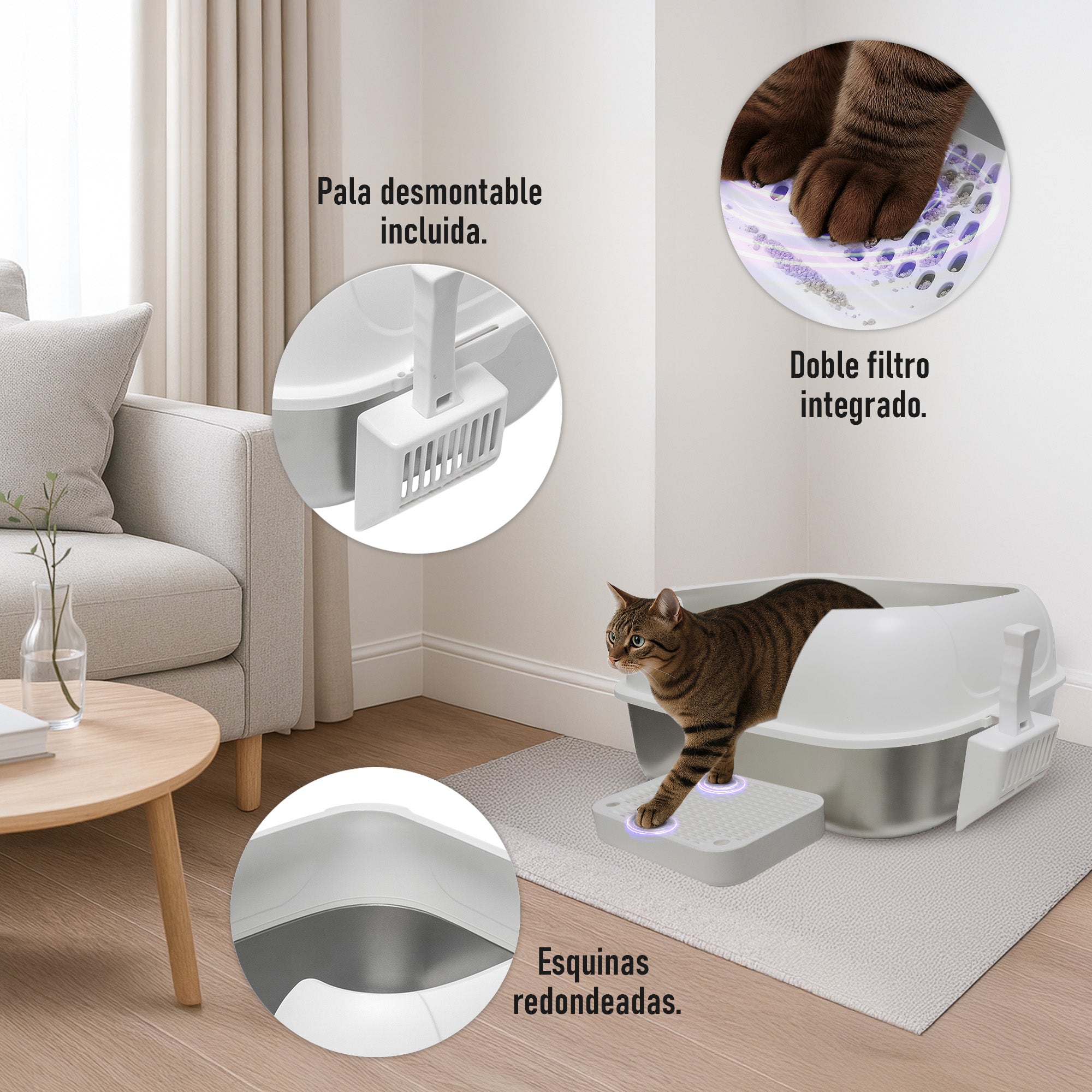 Arenero Horizontal Grande para Gato de Acero Inoxidable con Tapa Redondeada y Pala 60×40×30 cm