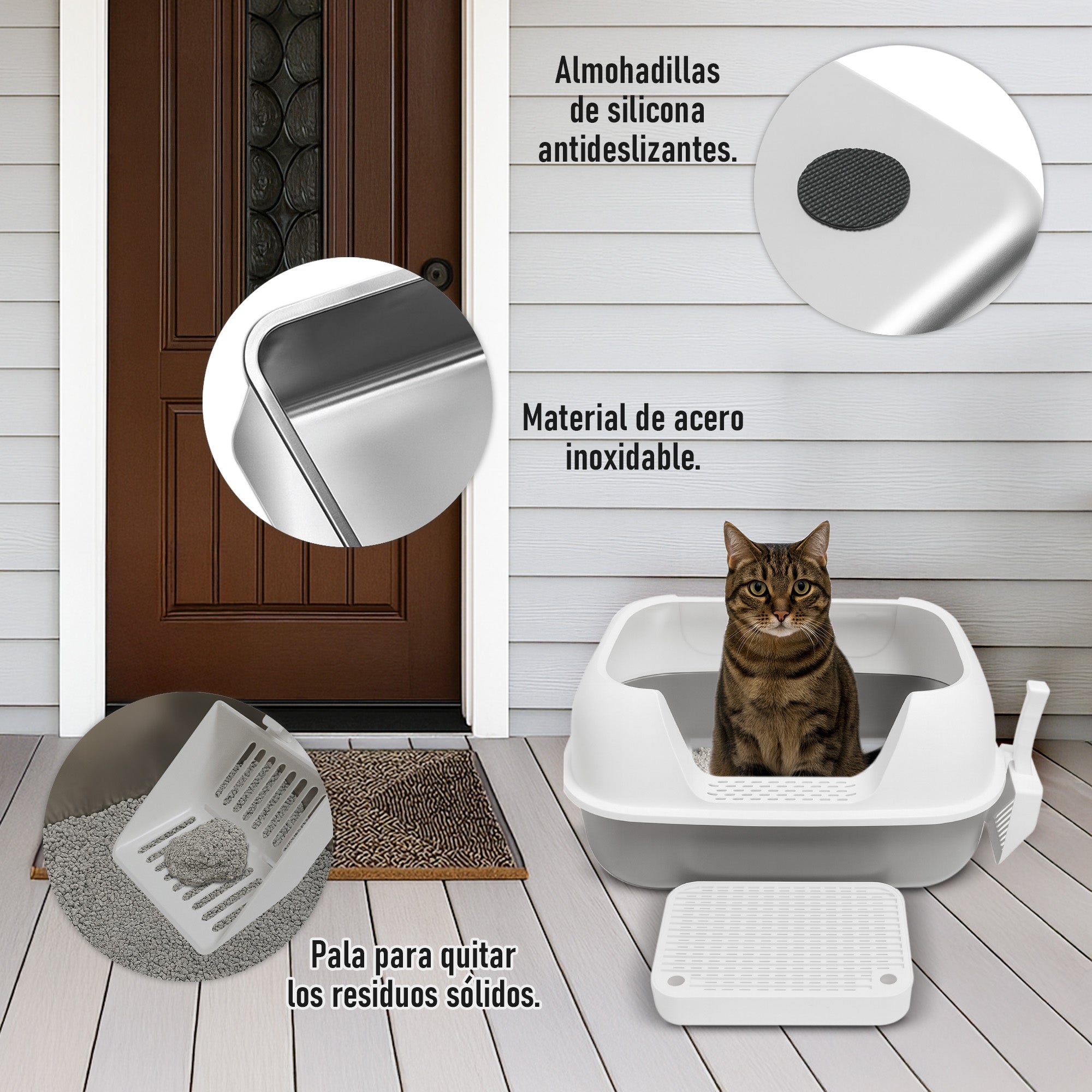 Arenero Horizontal Grande para Gato de Acero Inoxidable con Tapa Redondeada y Pala 60×40×30 cm