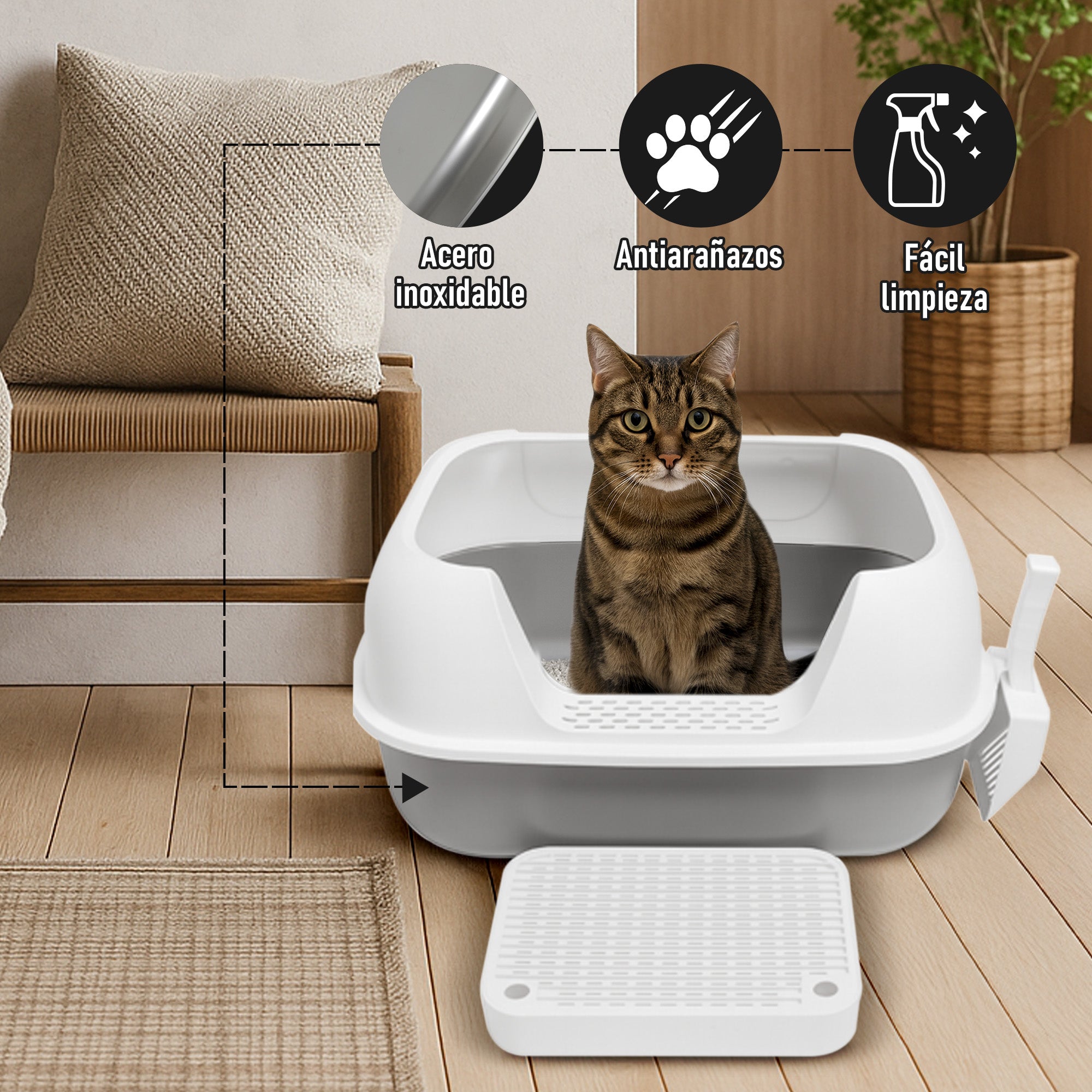 Arenero Horizontal Grande para Gato de Acero Inoxidable con Tapa Redondeada y Pala 60×40×30 cm