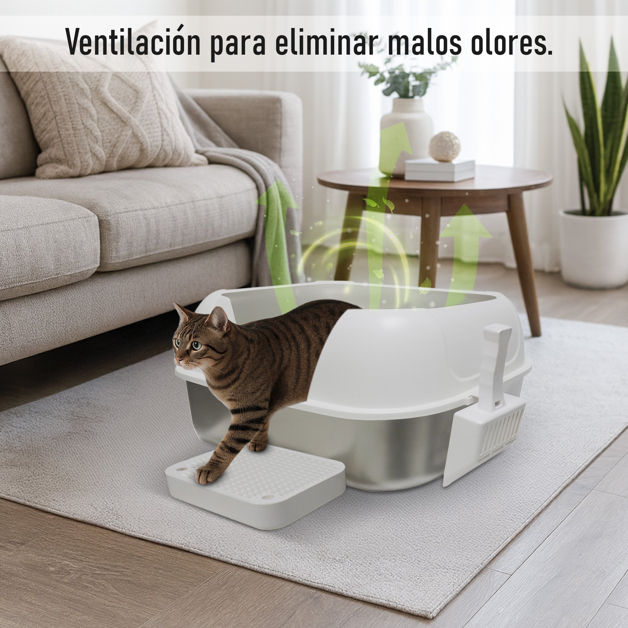 Arenero Horizontal Grande para Gato de Acero Inoxidable con Tapa Redondeada y Pala 60×40×30 cm