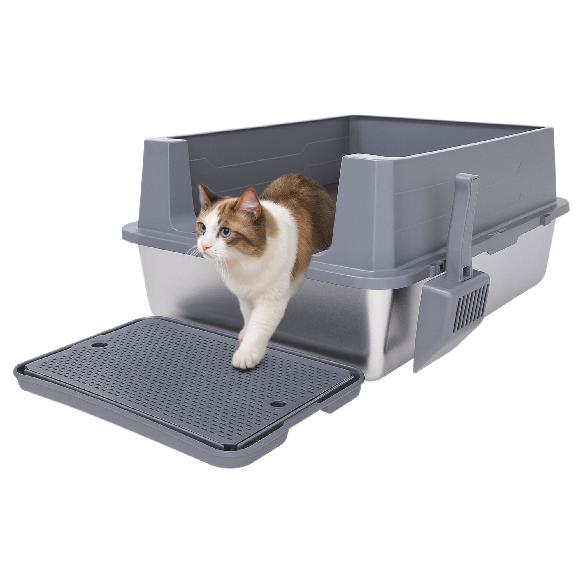 Arenero para Gato Extra Grande con Pala y Tapete Antiderrame, Base Profunda Antifugas 70×50×30 cm