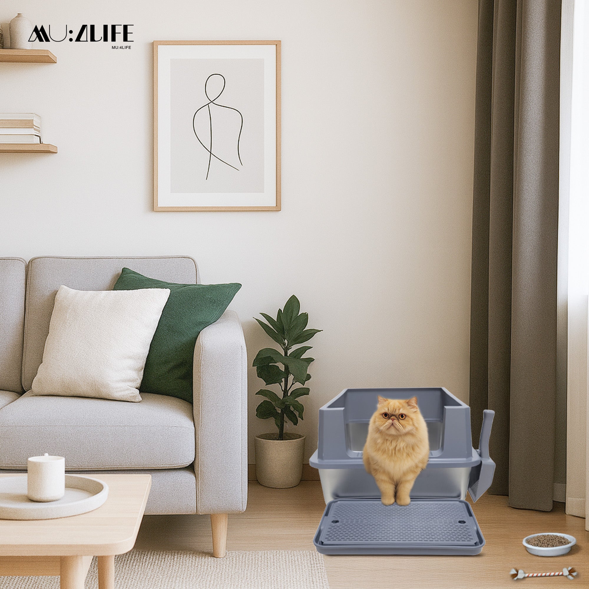 Arenero para Gato Extra Grande con Pala y Tapete Antiderrame, Base Profunda Antifugas 70×50×30 cm