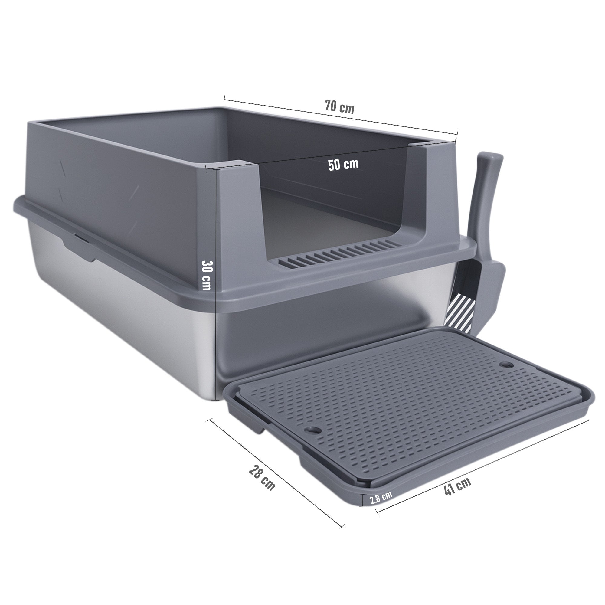 Arenero para Gato Extra Grande con Pala y Tapete Antiderrame, Base Profunda Antifugas 70×50×30 cm