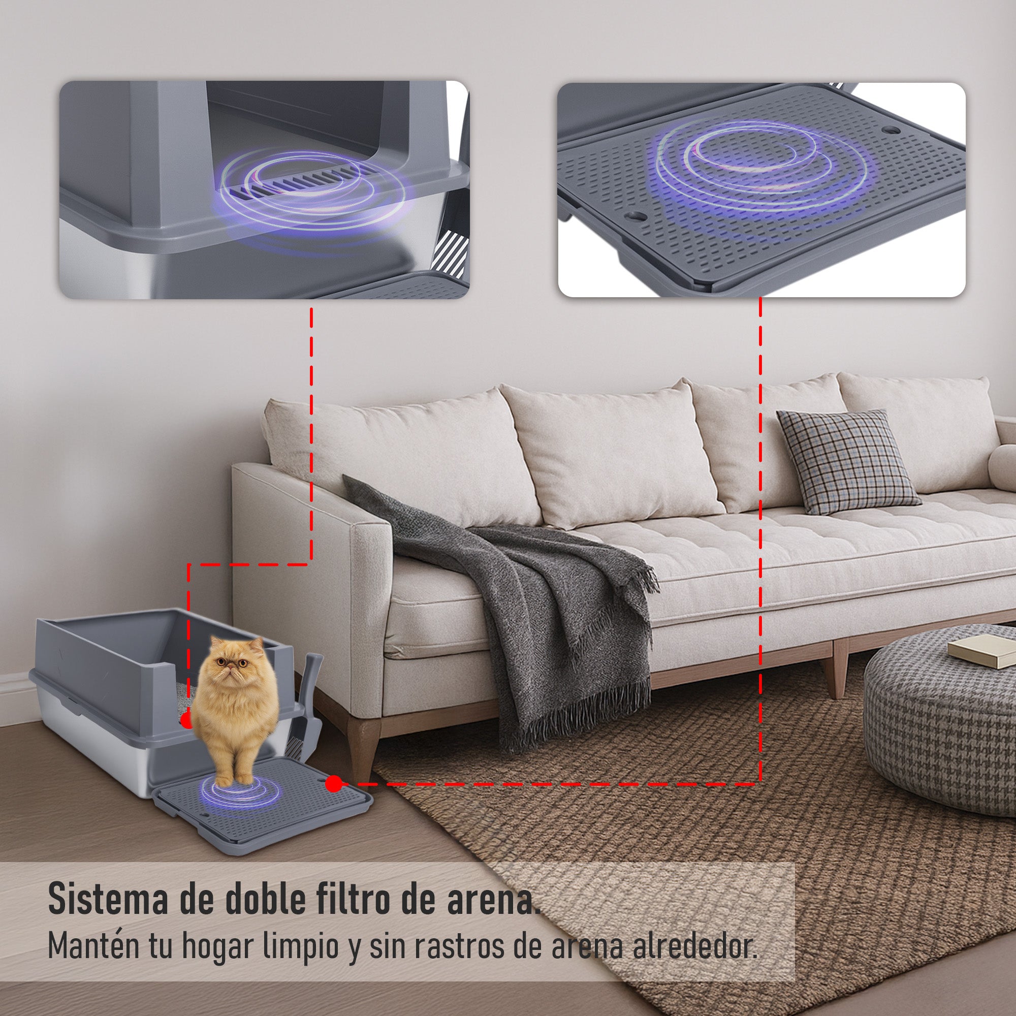 Arenero para Gato Extra Grande con Pala y Tapete Antiderrame, Base Profunda Antifugas 70×50×30 cm