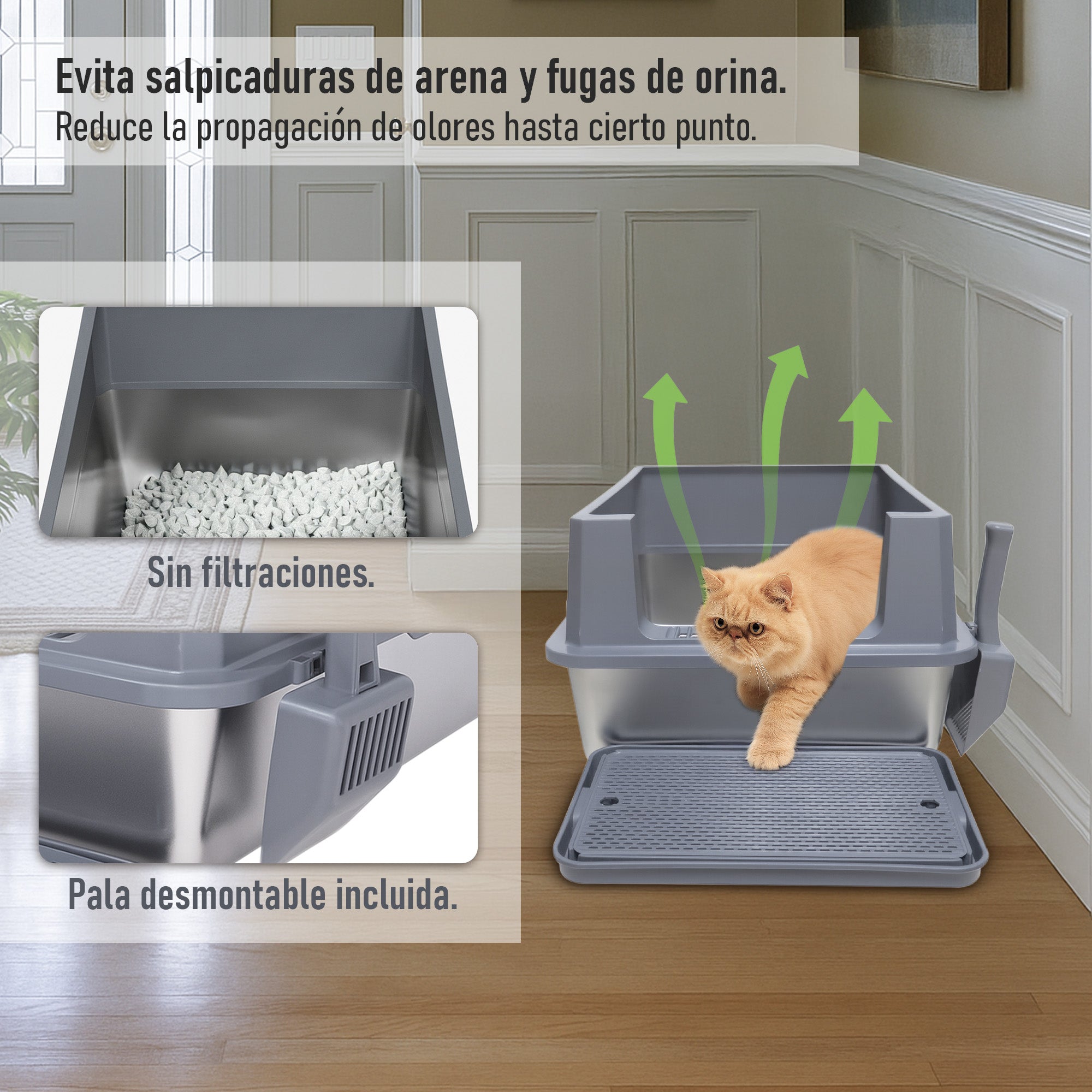 Arenero para Gato Extra Grande con Pala y Tapete Antiderrame, Base Profunda Antifugas 70×50×30 cm