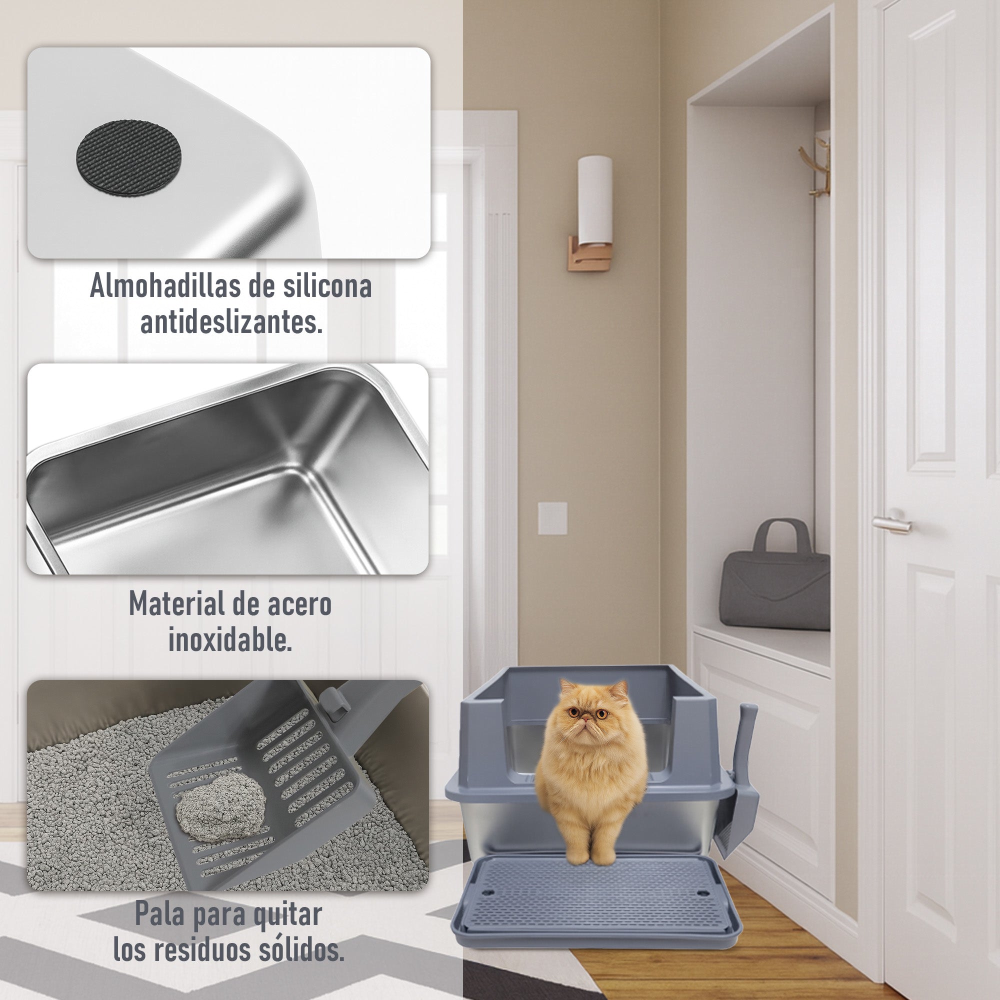 Arenero para Gato Extra Grande con Pala y Tapete Antiderrame, Base Profunda Antifugas 70×50×30 cm