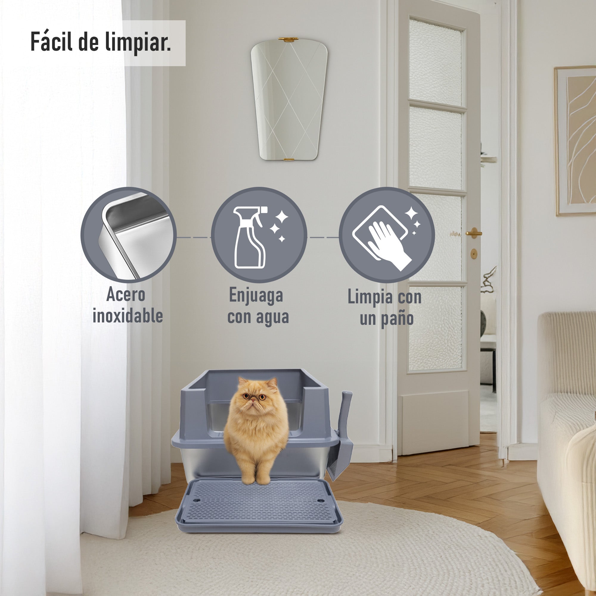 Arenero para Gato Extra Grande con Pala y Tapete Antiderrame, Base Profunda Antifugas 70×50×30 cm