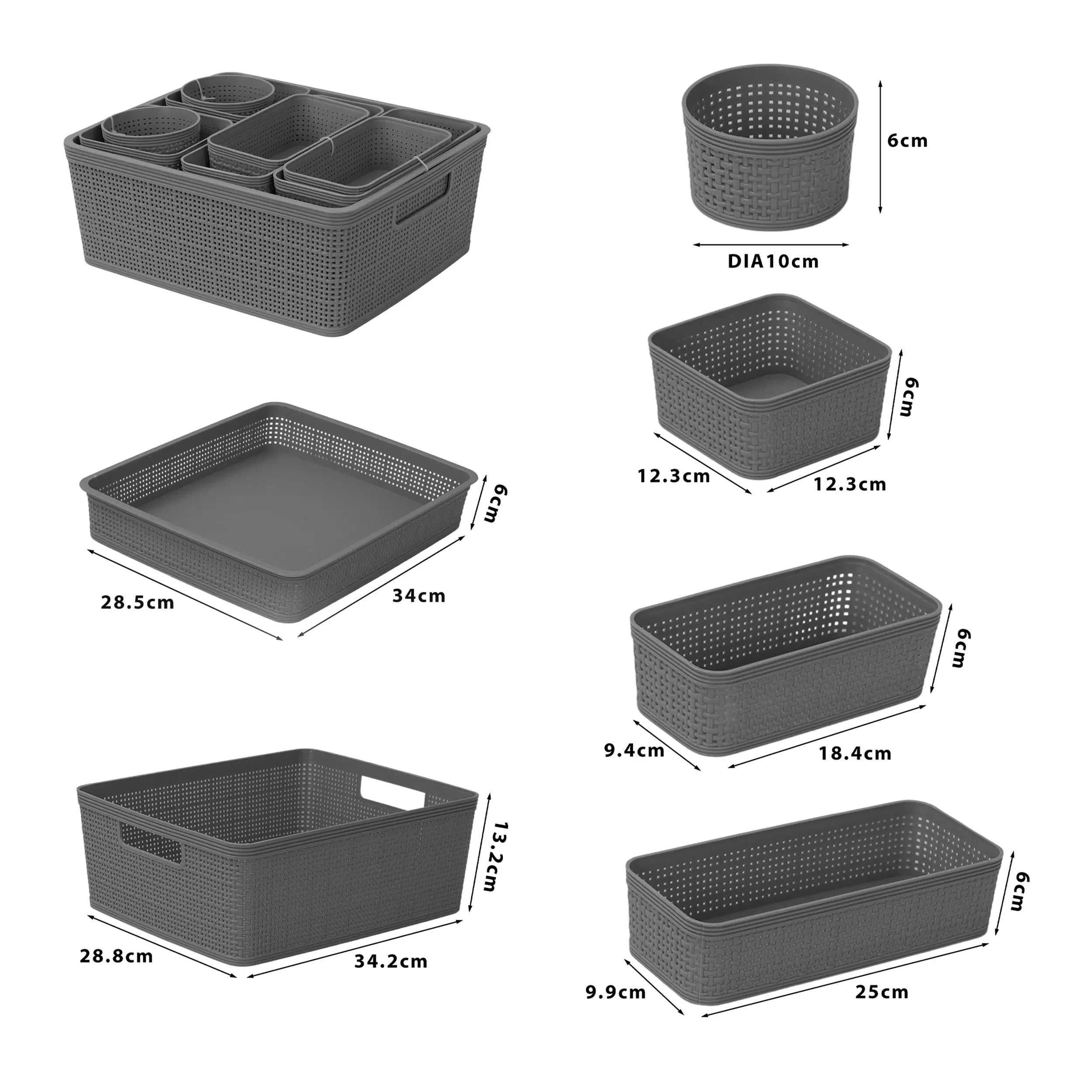 Set de 10 Canastas Plásticas de Almacenamiento en 7 Tamaños Diferentes, Organizador Multiuso para Cocina, Lavandería, Baño, Cajones y Oficina MU:4LIFE