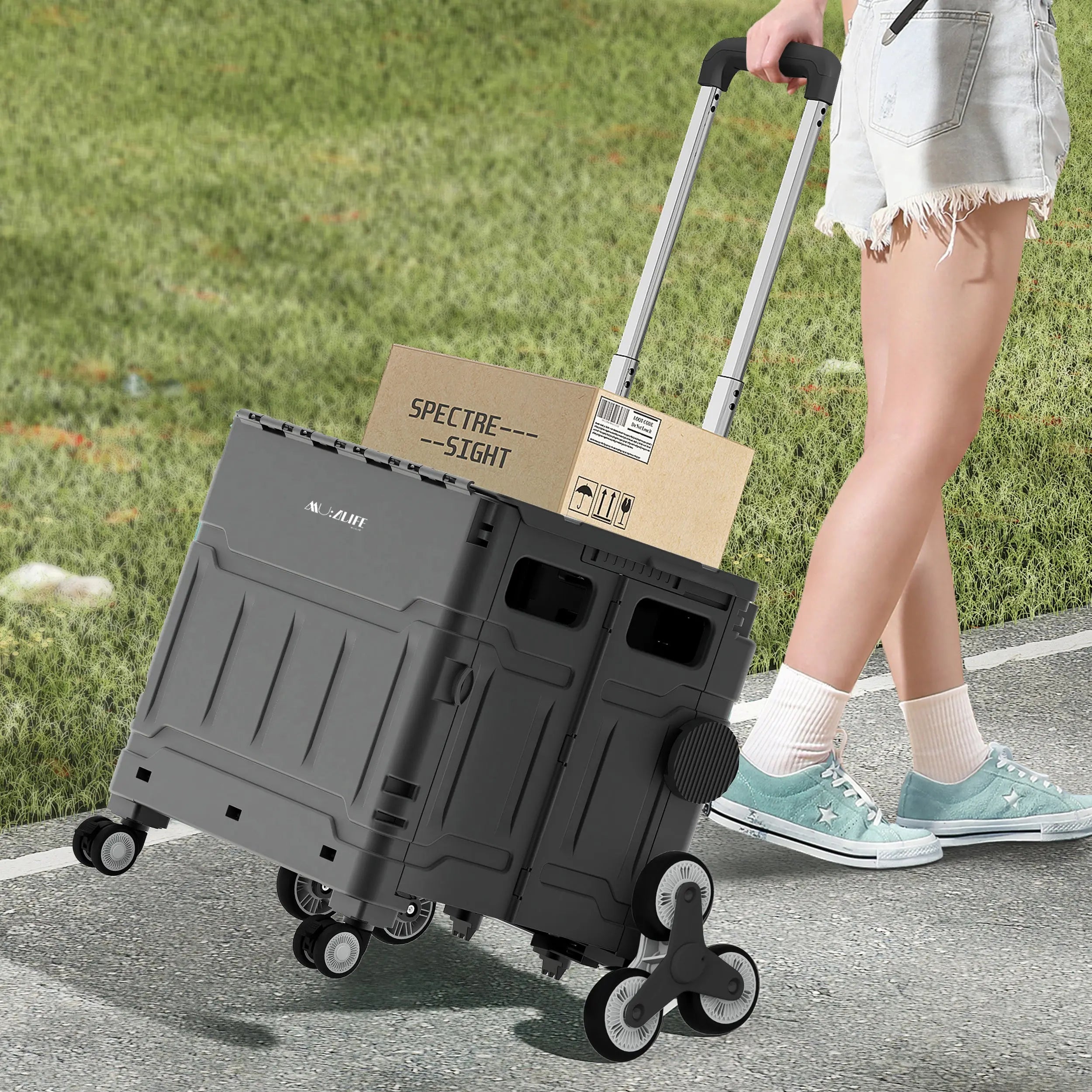 Carrito de Mandado con Ruedas para Subir Escaleras, Plegable con Mango Inclinable y Ajustable, con Tapa y Capacidad de hasta 50 kg. (45 L.) MU:4LIFE