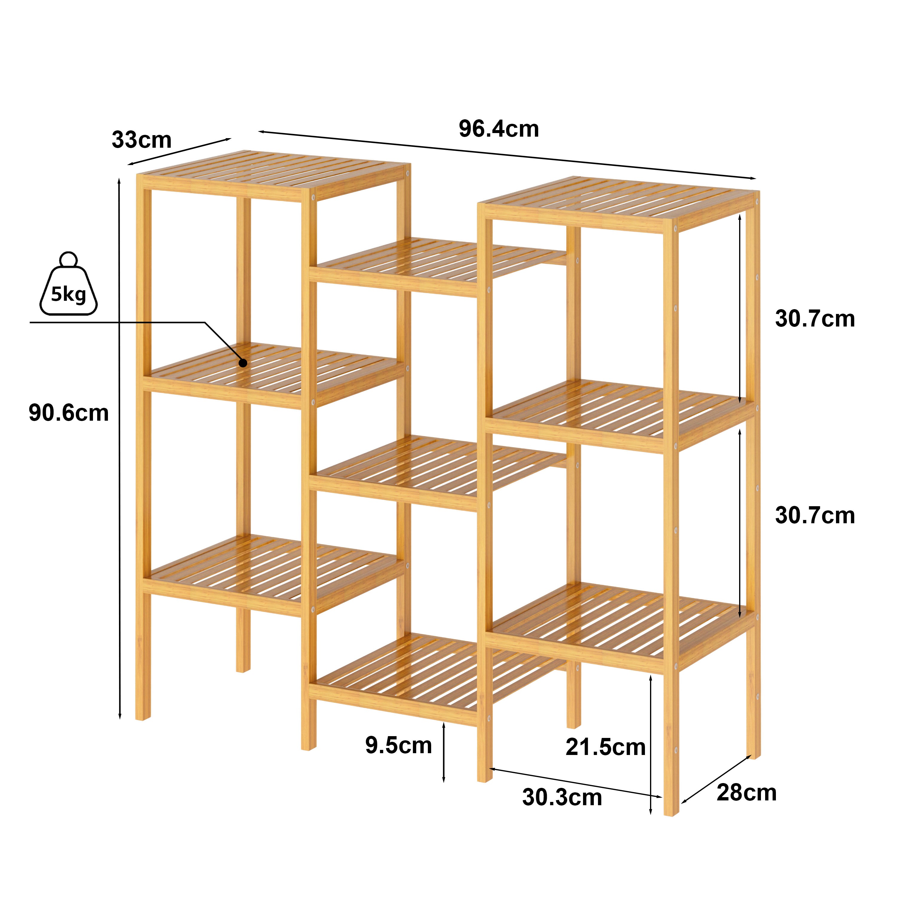 Estante DIY Multifuncional de Bambú Con Repisas Ajustable, Estantería Organizador Versátil con Varios Compartimentos de Almacenamiento para Baño, Cocina, Sala y Soporte para Plantas (Natural)