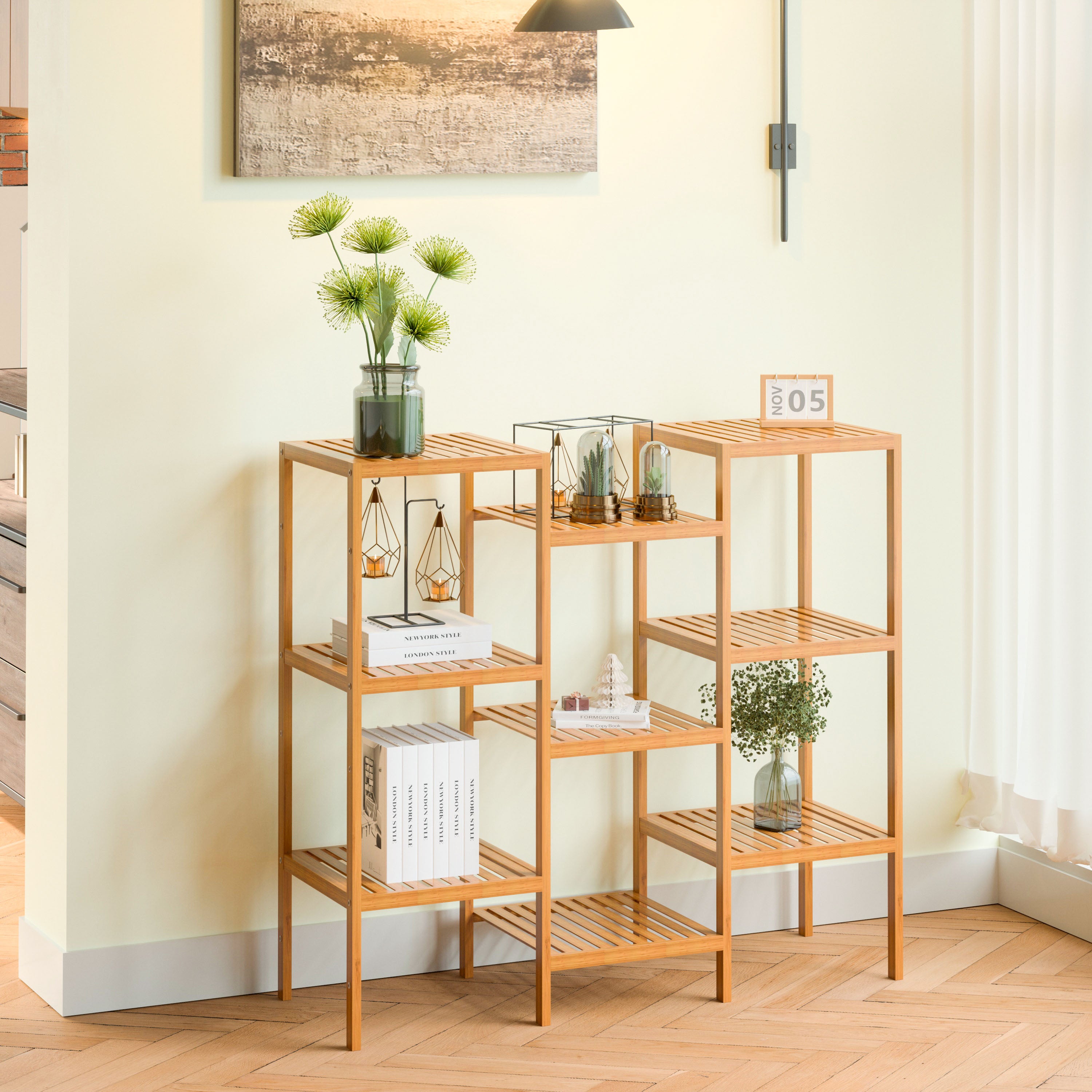 Estante DIY Multifuncional de Bambú Con Repisas Ajustable, Estantería Organizador Versátil con Varios Compartimentos de Almacenamiento para Baño, Cocina, Sala y Soporte para Plantas (Natural)