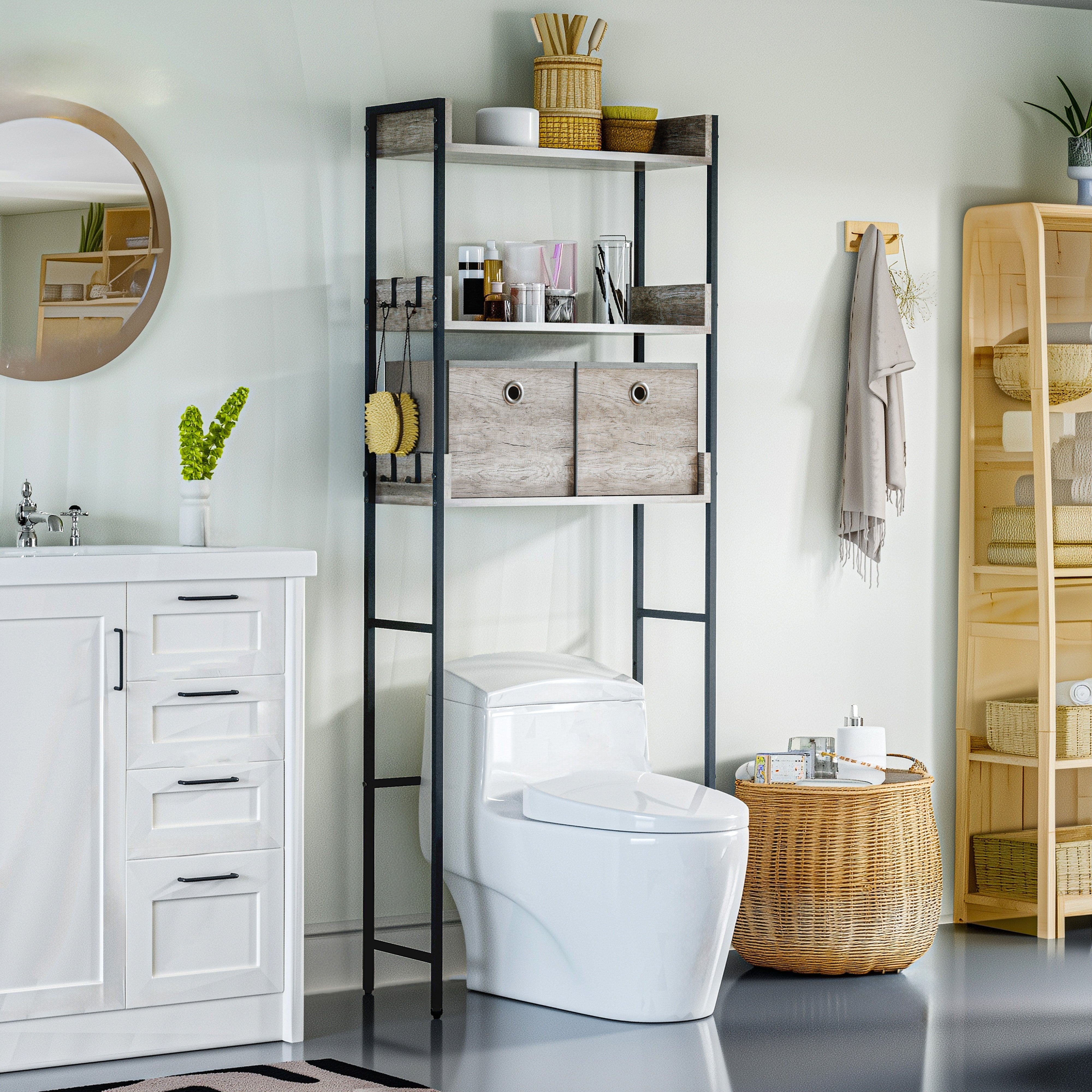 Estante de 3 Niveles para sobre el Inodoro con 2 Cajas de Almacenamiento Organizador de Baño