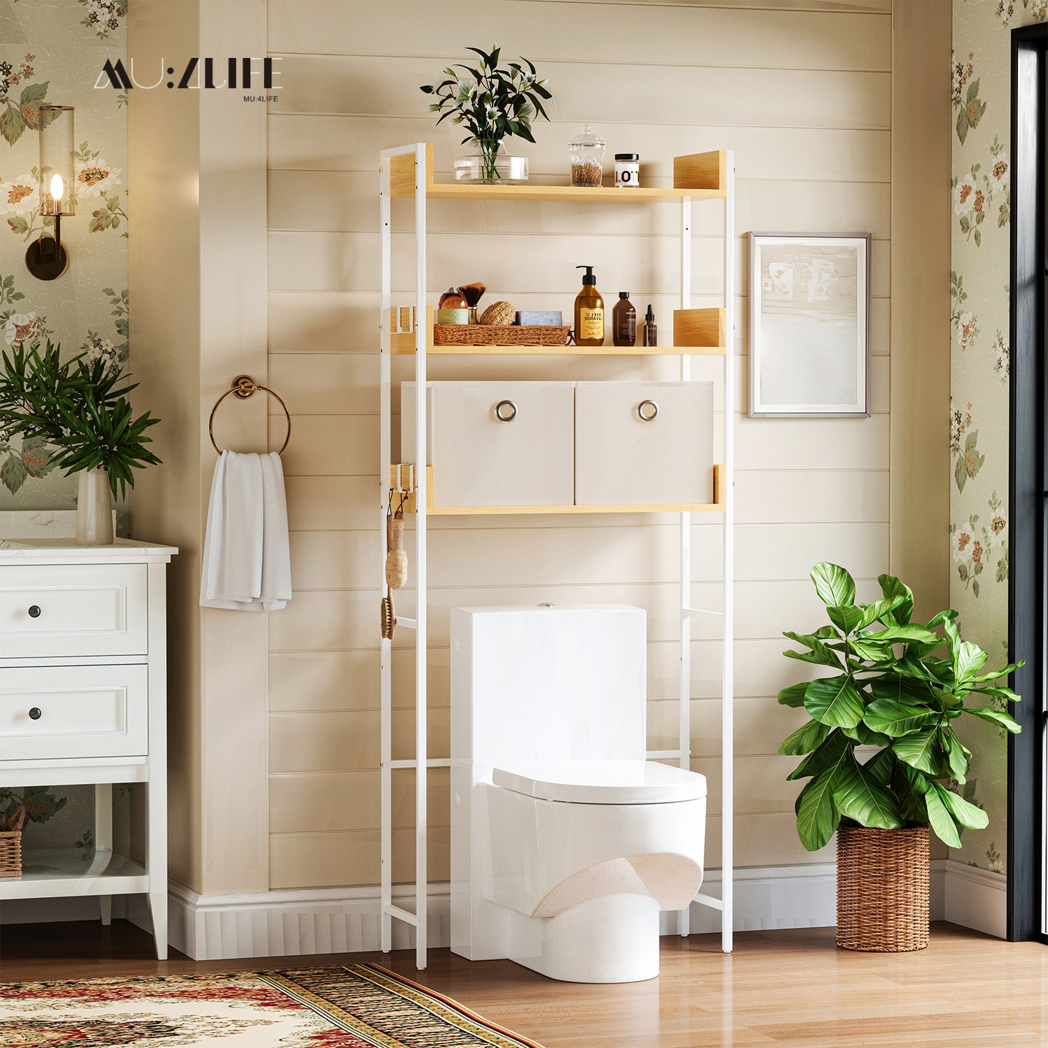 Estante de 3 Niveles para sobre el Inodoro con 2 Cajas de Almacenamiento Organizador de Baño