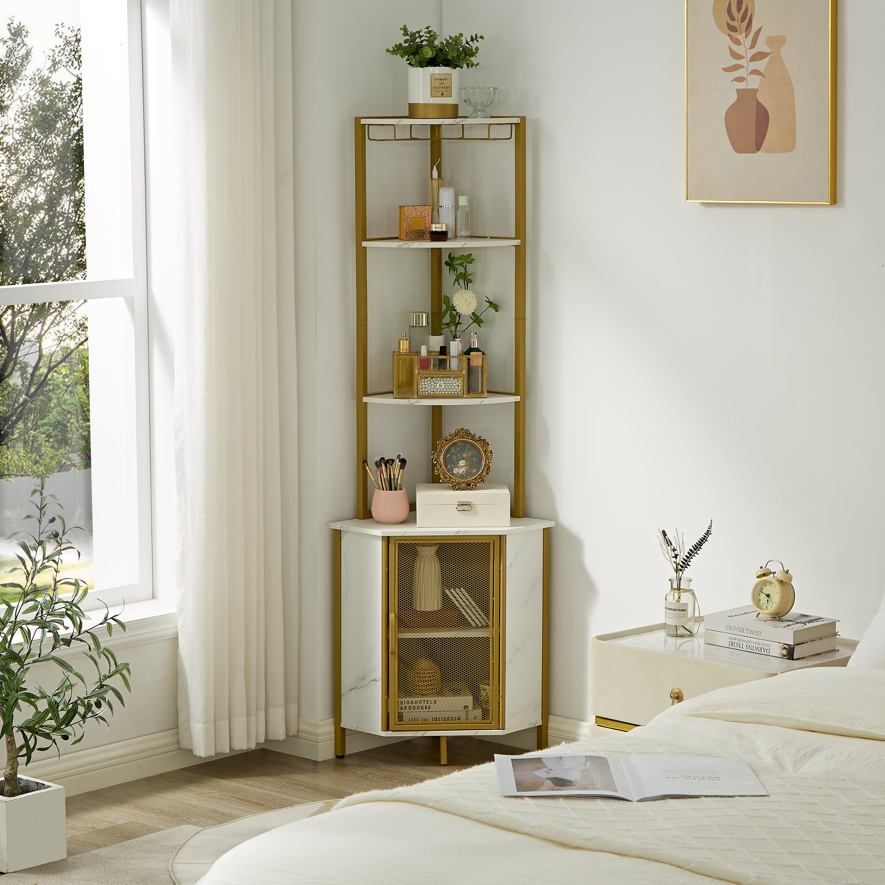 Estación de Bar y Café en Esquina con Estantes, Rack de Copas y Puerta de Malla