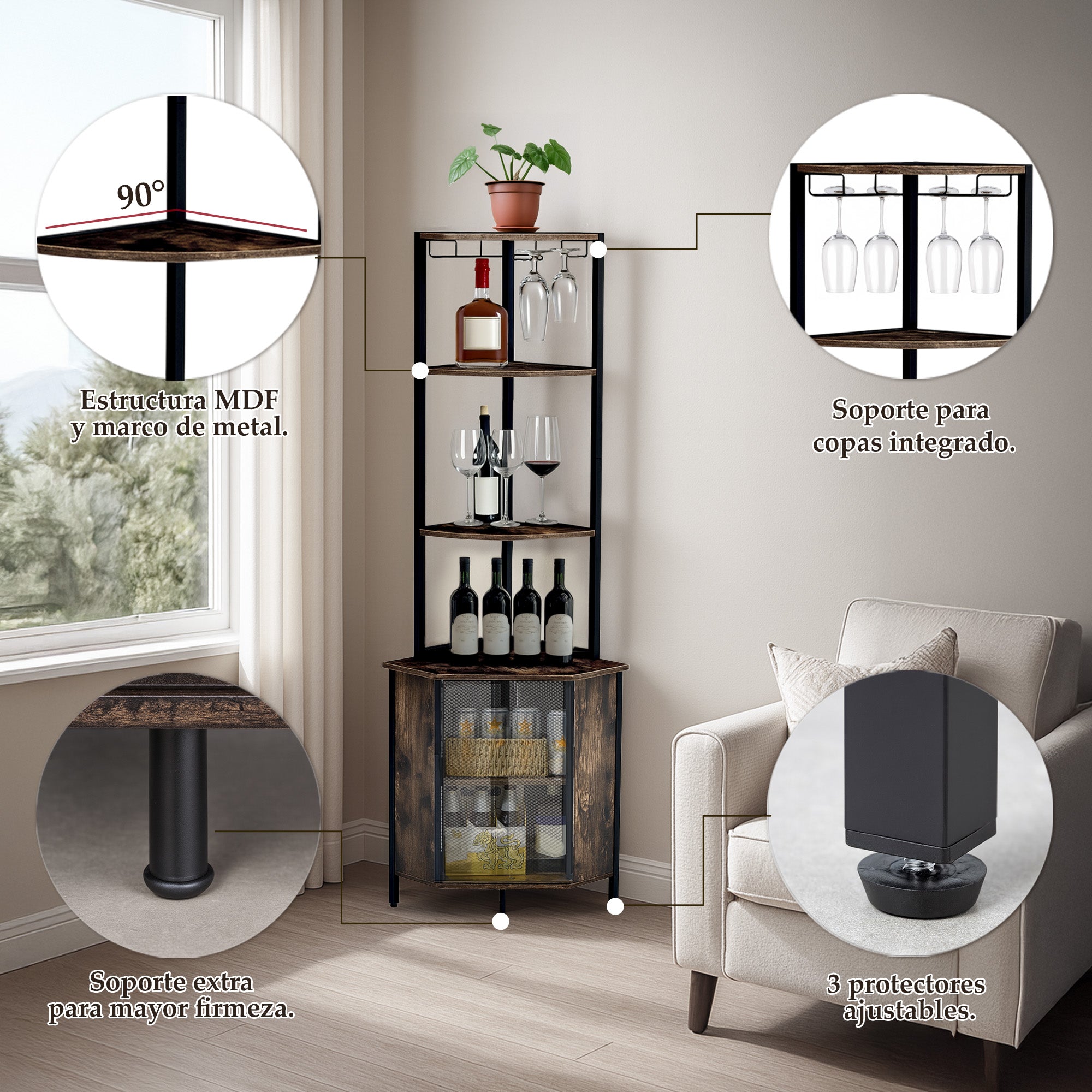 Estación de Bar y Café en Esquina con Estantes, Rack de Copas y Puerta de Malla