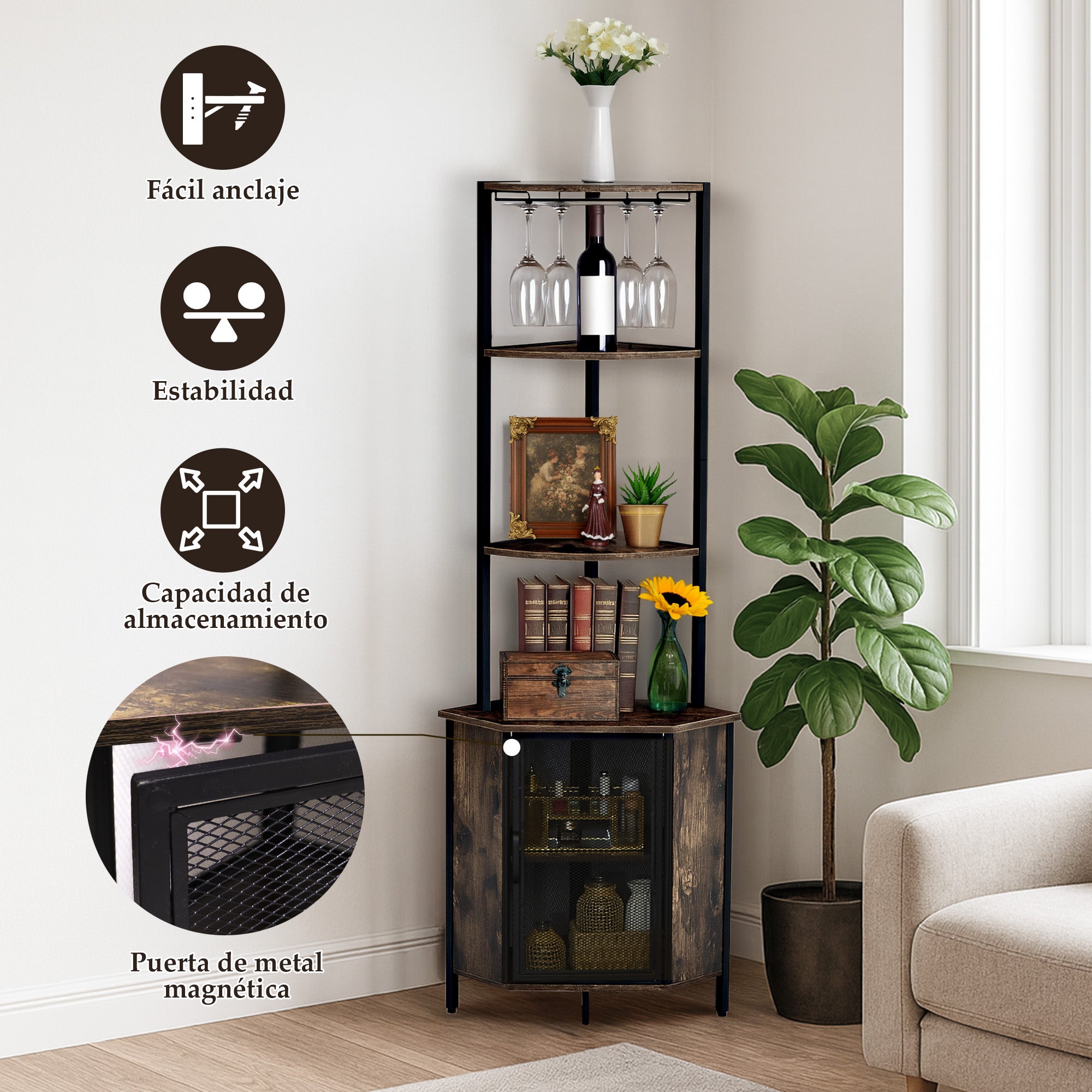 Estación de Bar y Café en Esquina con Estantes, Rack de Copas y Puerta de Malla