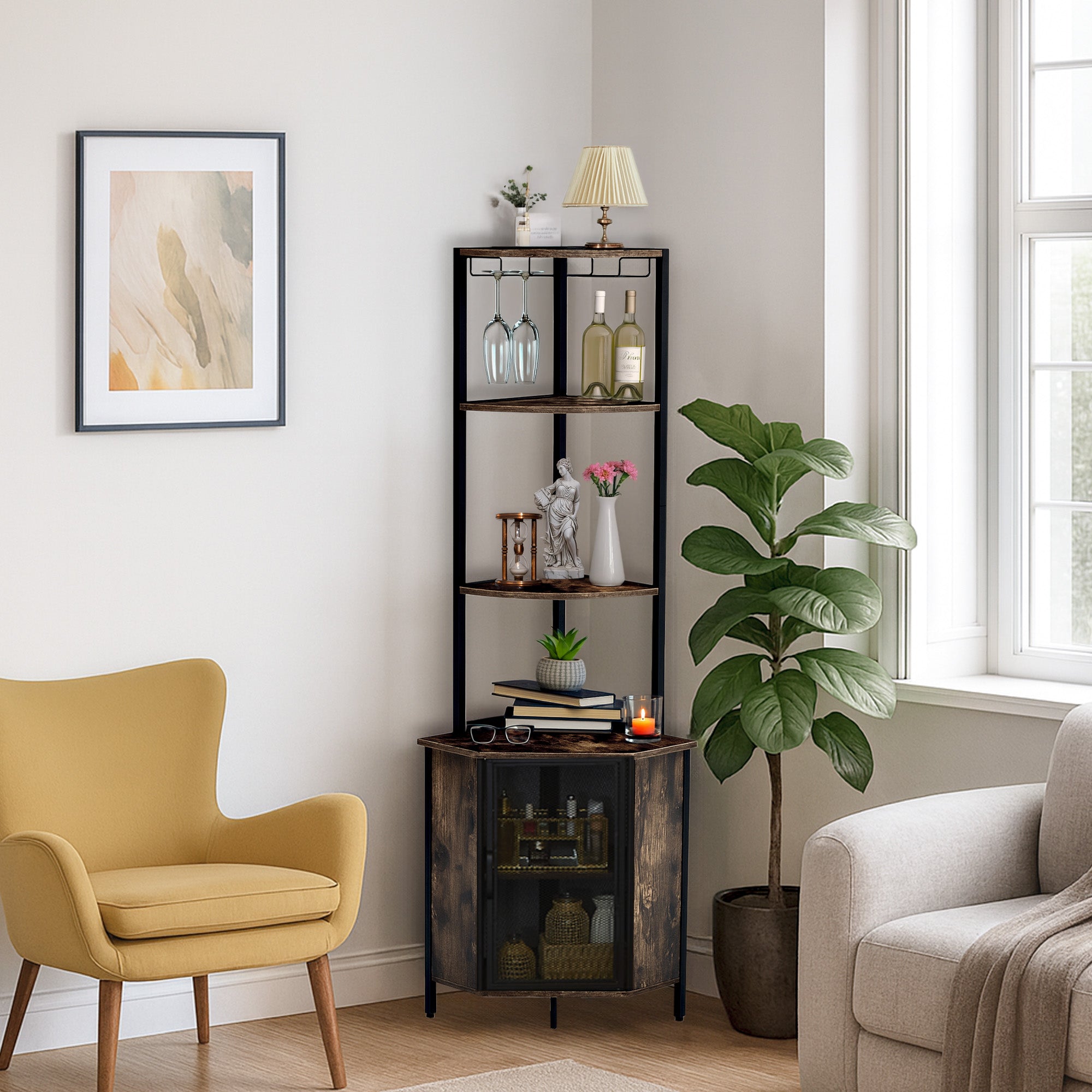 Estación de Bar y Café en Esquina con Estantes, Rack de Copas y Puerta de Malla