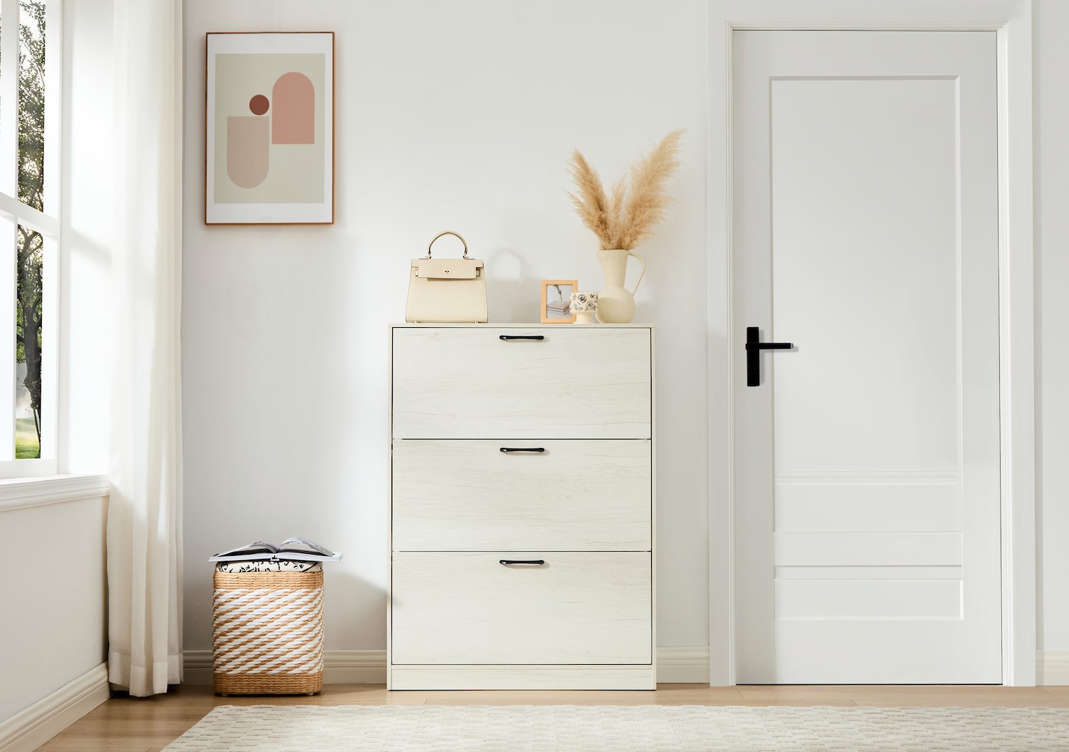 Gabinete para Calzado 3 Cajones Abatibles, Blanco Marfil, Diseño Estrecho para Recibidor