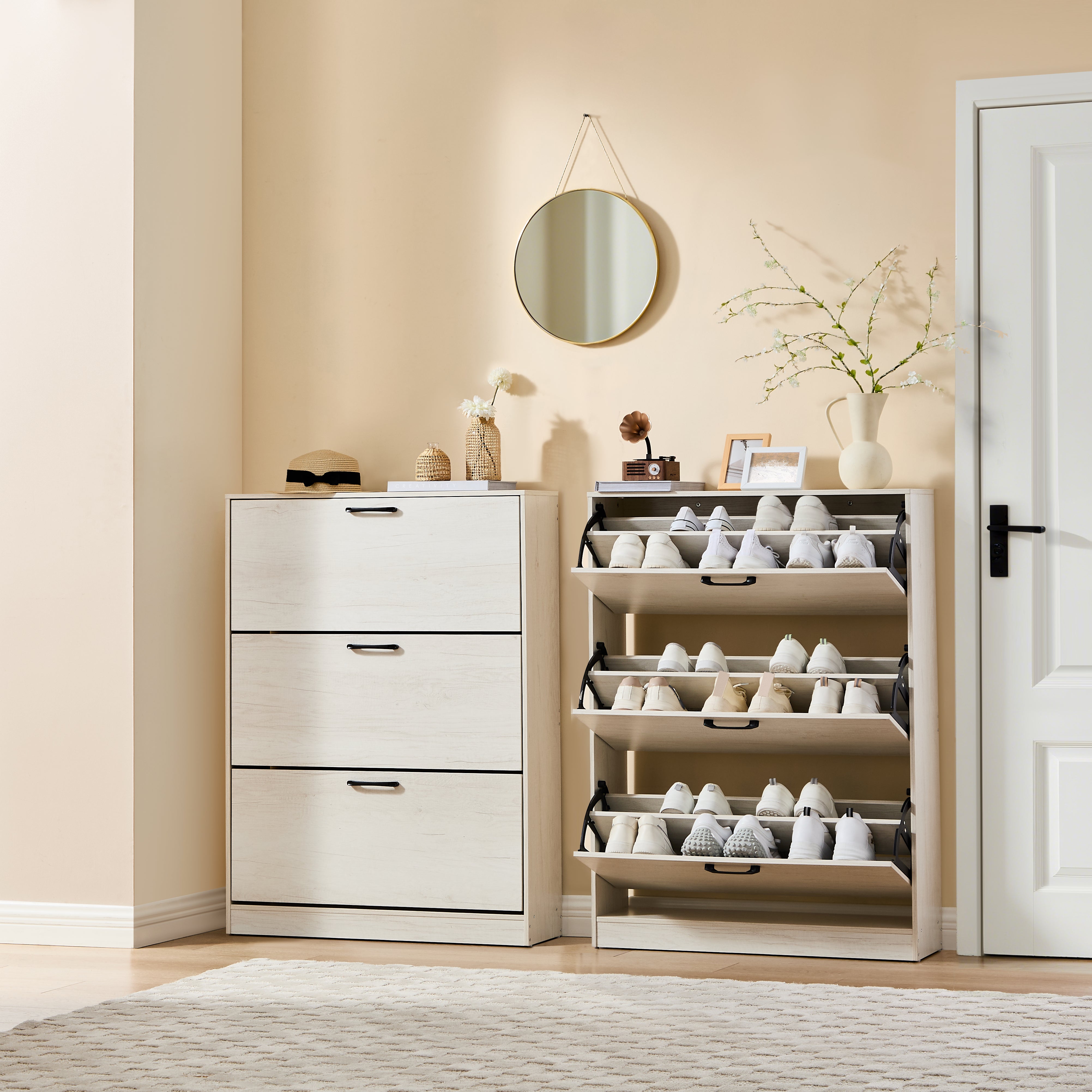 Gabinete para Calzado 3 Cajones Abatibles, Blanco Marfil, Diseño Estrecho para Recibidor
