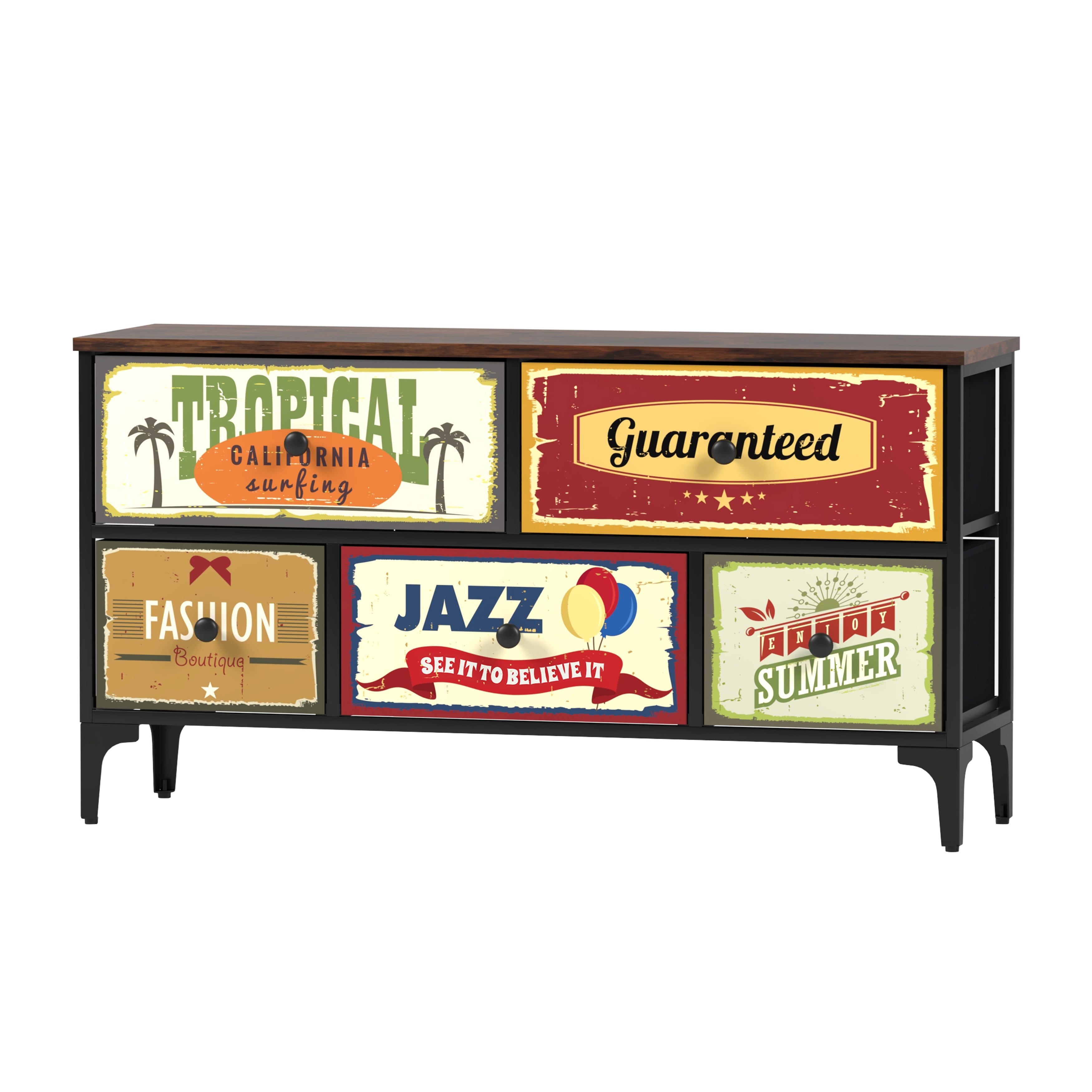 Cómoda Estilo Industrial Vintage – Cajonera de Tela con Estructura Metálica y Tapa MDF para Hogar u Oficina