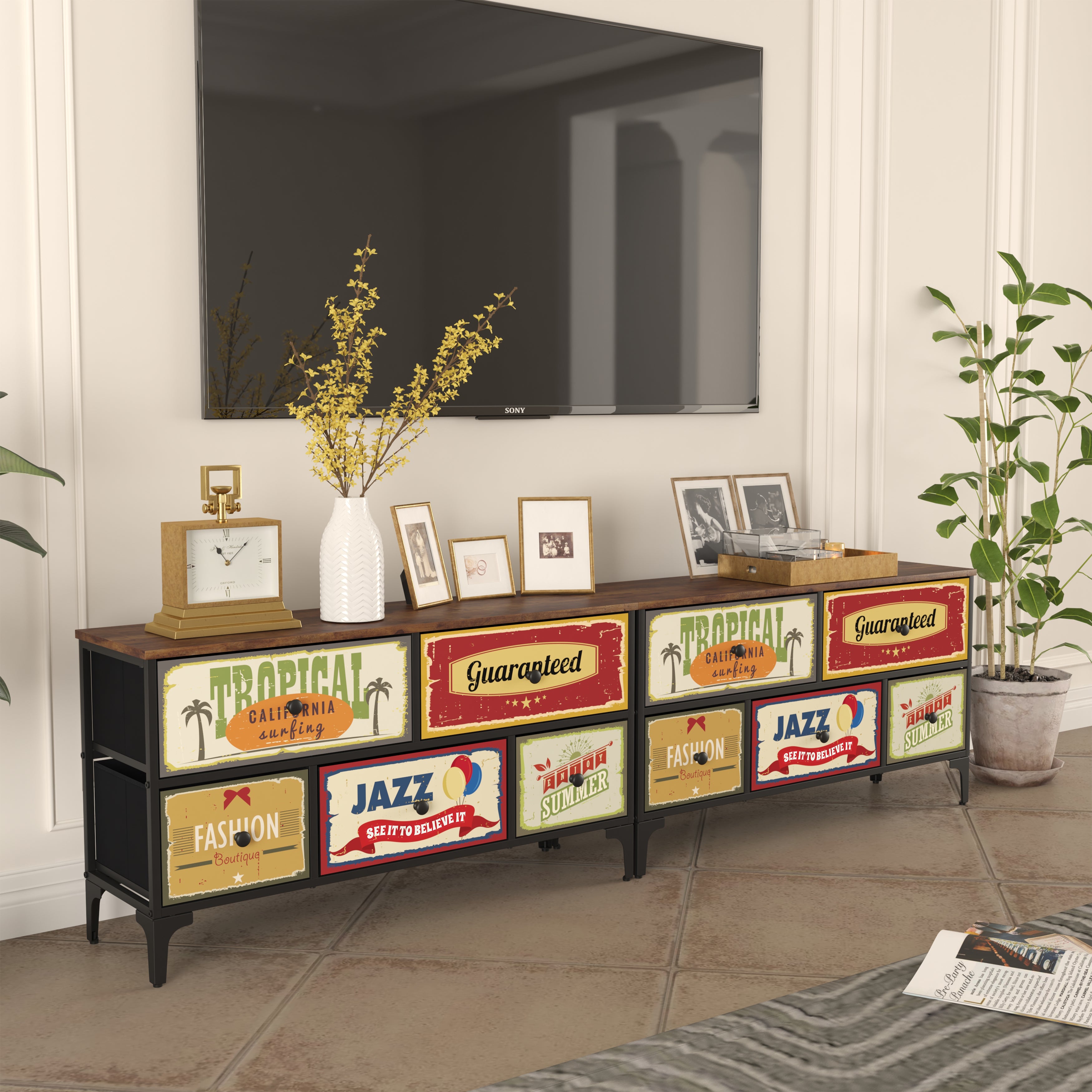 Cómoda Estilo Industrial Vintage – Cajonera de Tela con Estructura Metálica y Tapa MDF para Hogar u Oficina