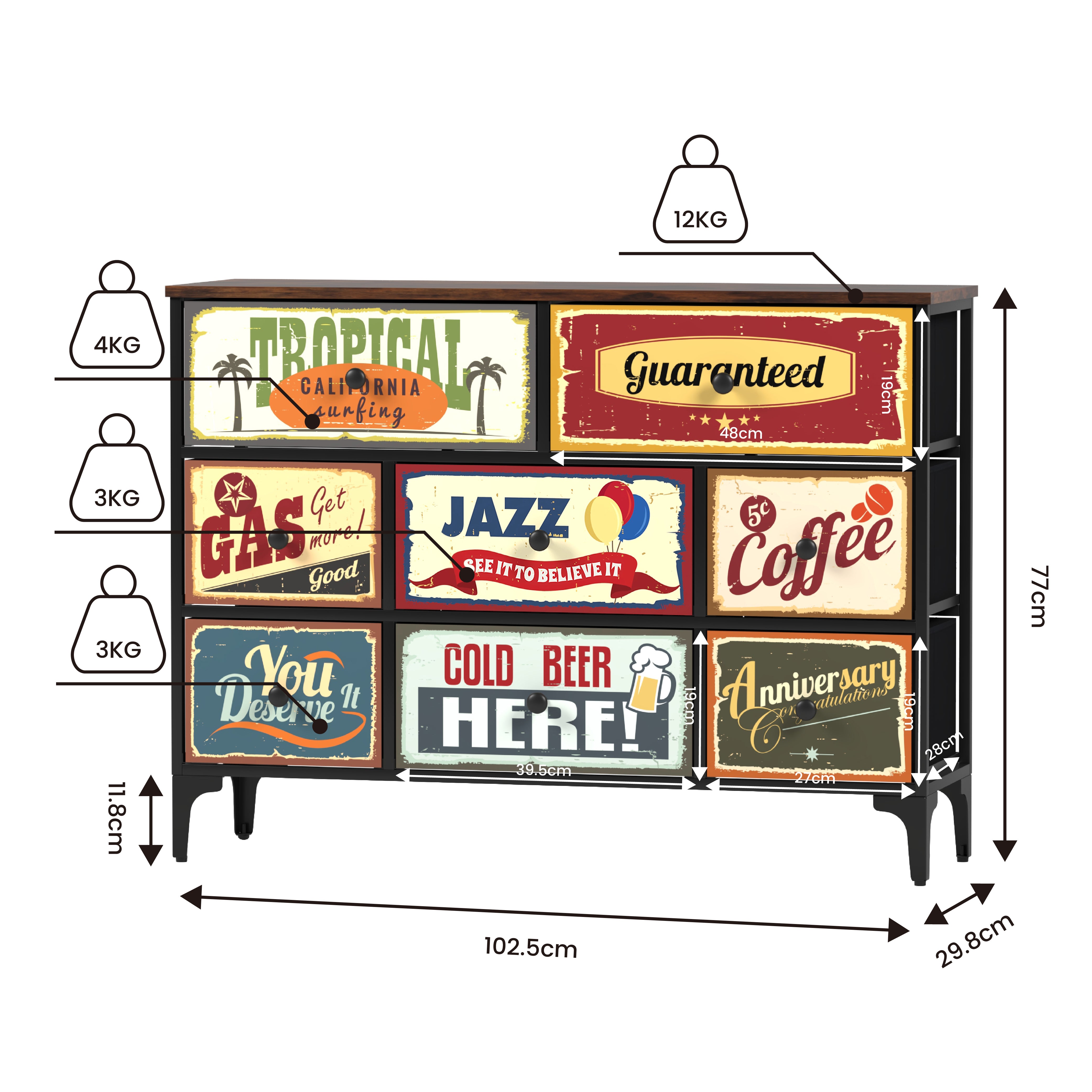 Cómoda Estilo Industrial Vintage – Cajonera de Tela con Estructura Metálica y Tapa MDF para Hogar u Oficina