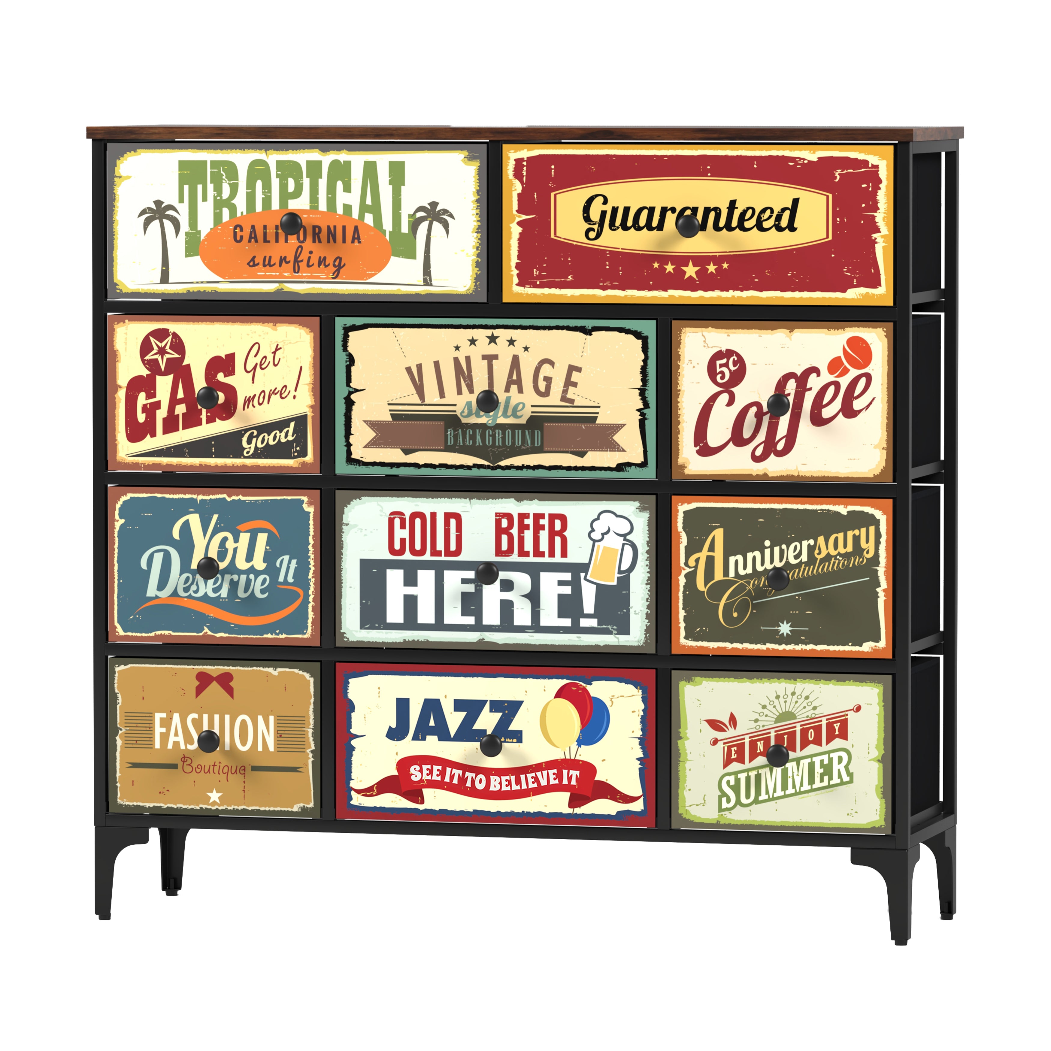 Cómoda Estilo Industrial Vintage – Cajonera de Tela con Estructura Metálica y Tapa MDF para Hogar u Oficina