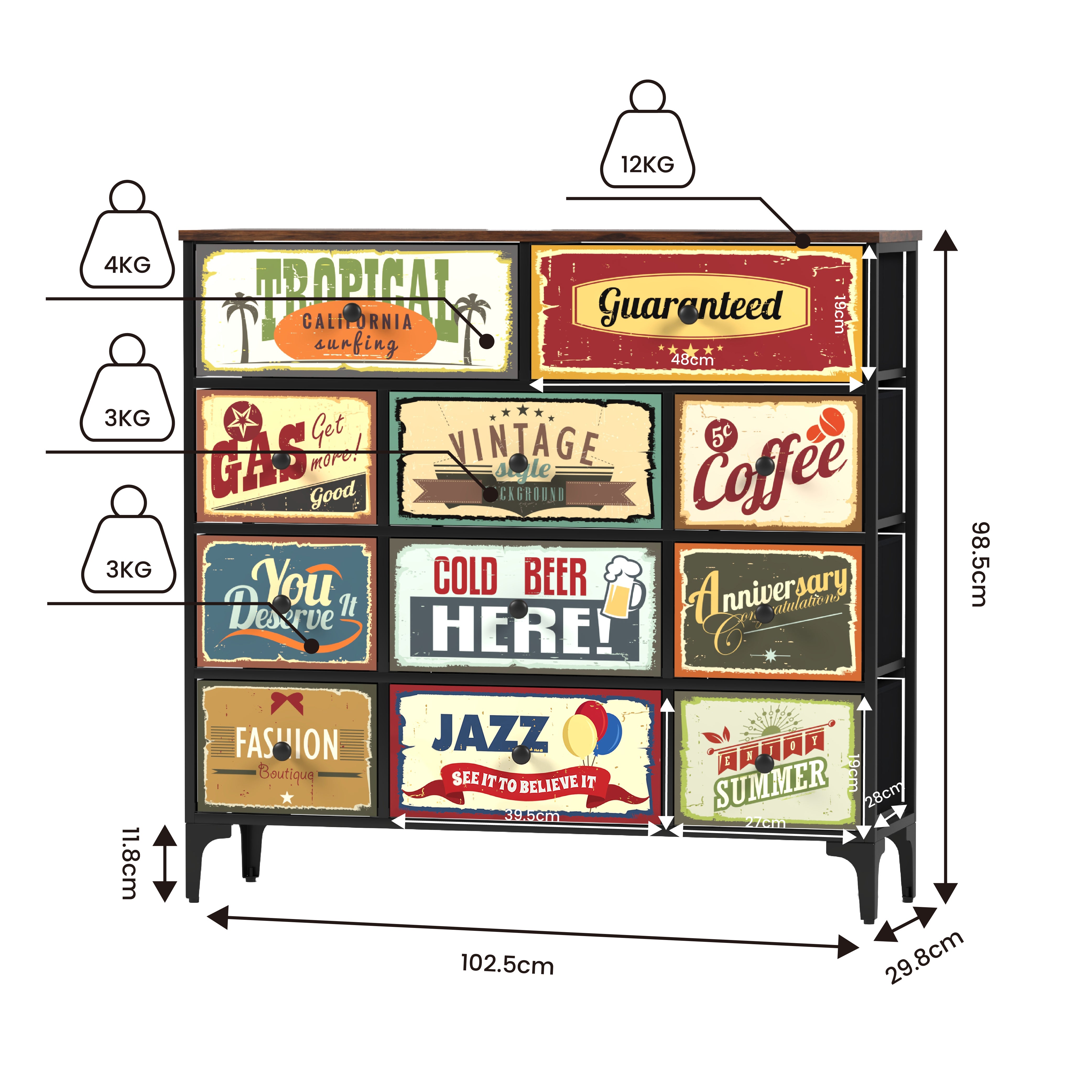 Cómoda Estilo Industrial Vintage – Cajonera de Tela con Estructura Metálica y Tapa MDF para Hogar u Oficina