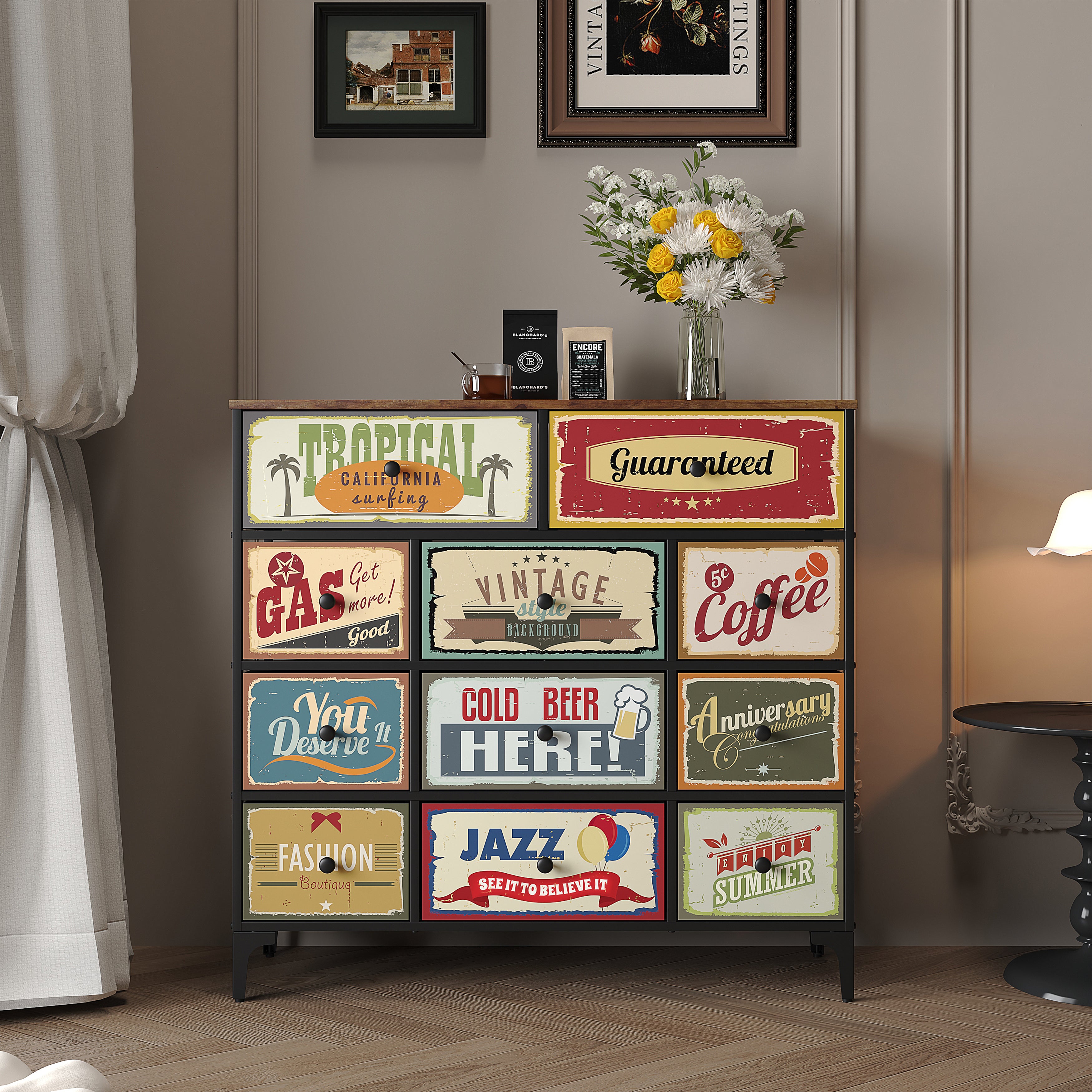 Cómoda Estilo Industrial Vintage – Cajonera de Tela con Estructura Metálica y Tapa MDF para Hogar u Oficina