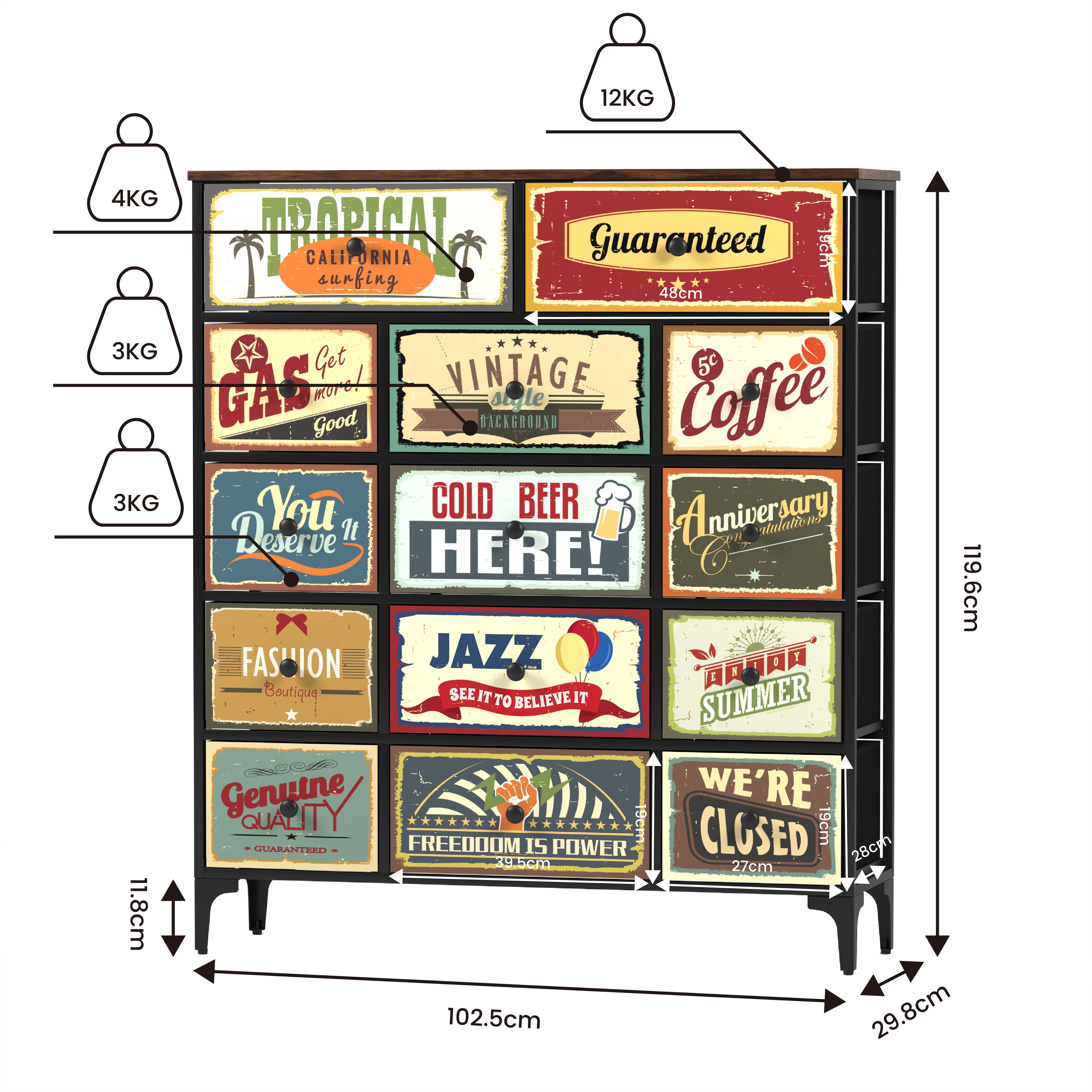 Cómoda Estilo Industrial Vintage – Cajonera de Tela con Estructura Metálica y Tapa MDF para Hogar u Oficina