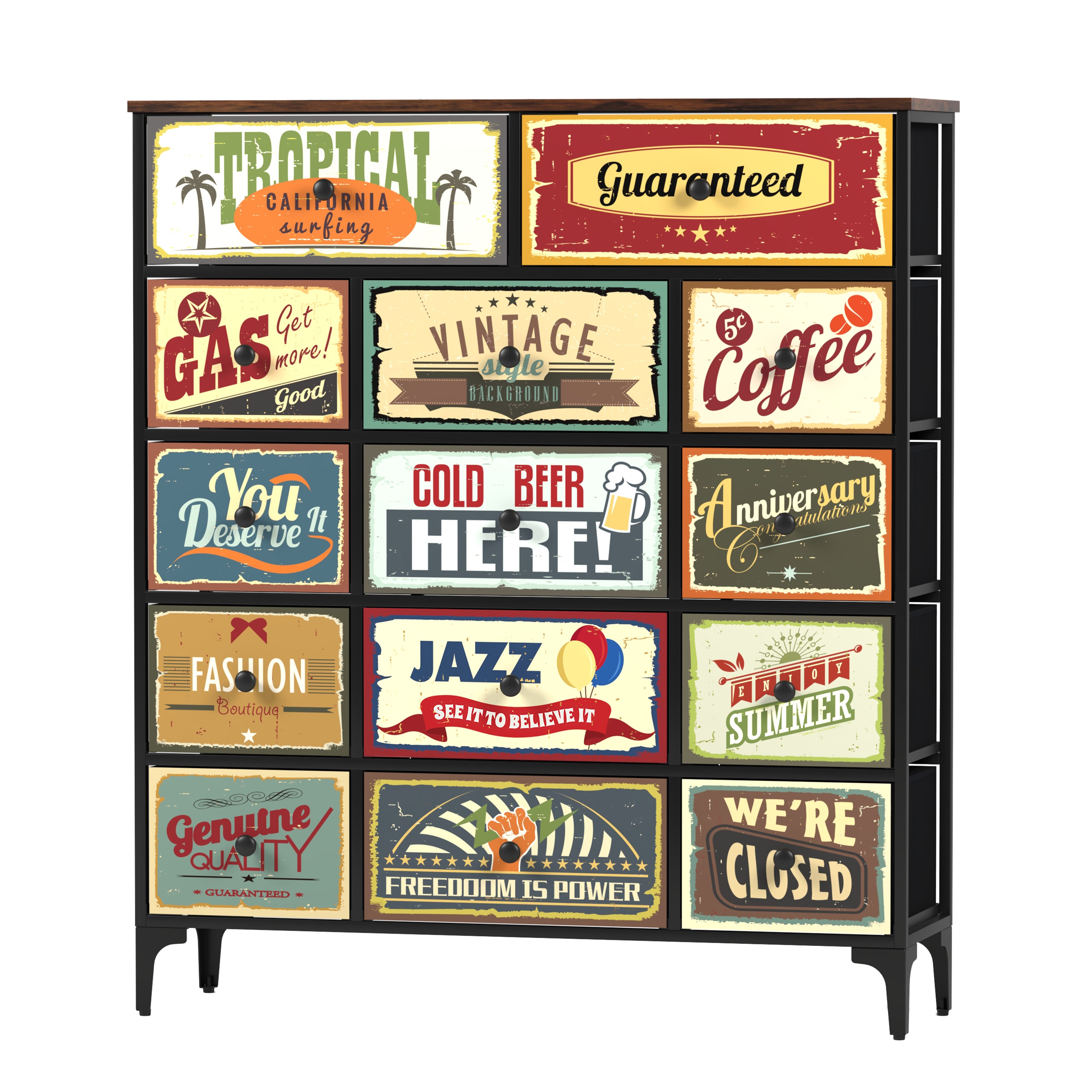Cómoda Estilo Industrial Vintage – Cajonera de Tela con Estructura Metálica y Tapa MDF para Hogar u Oficina