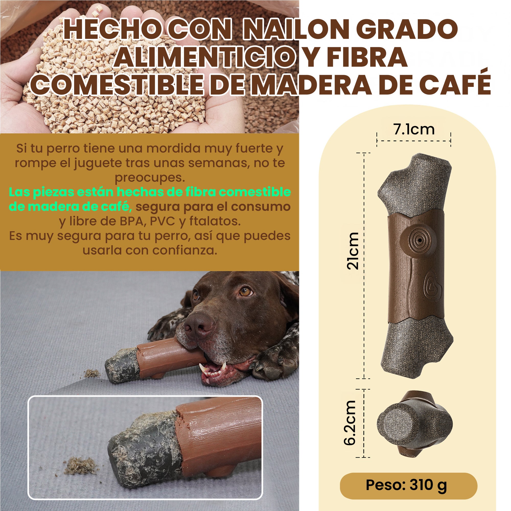 Juguete Hueso Masticable de Fibra de Café con Chillador, Resistente para Perros Medianos y Grandes